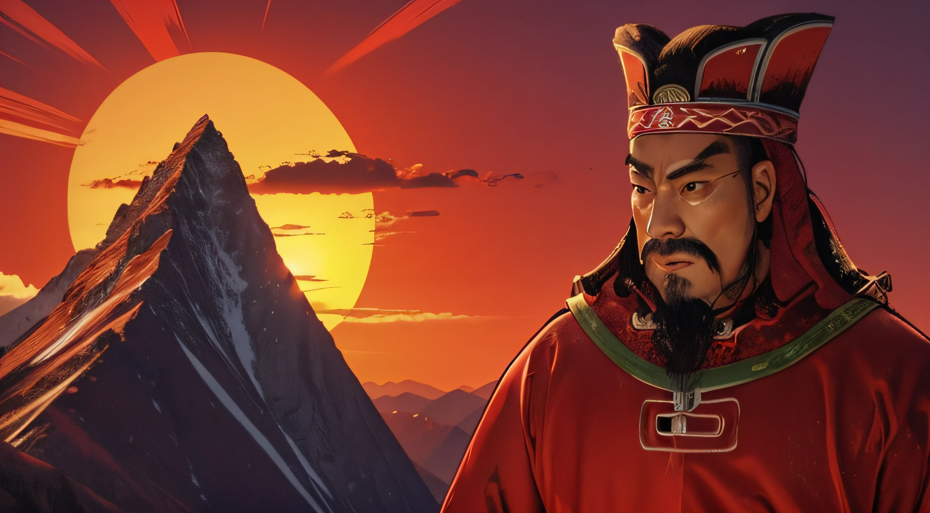 Sun Tzu wearing red clothes, mountains and sunset in the background