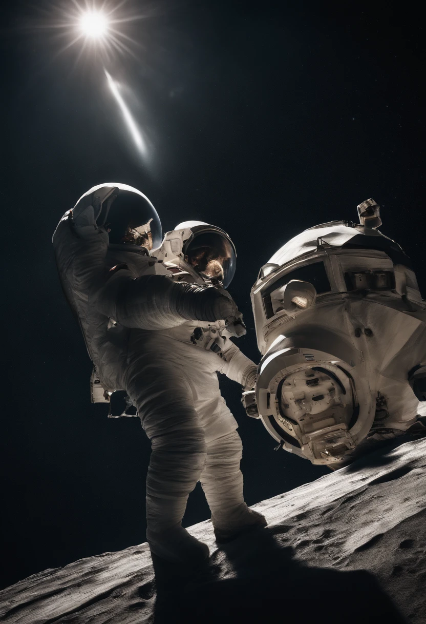 An astronauts back infront of a colossal ship in space