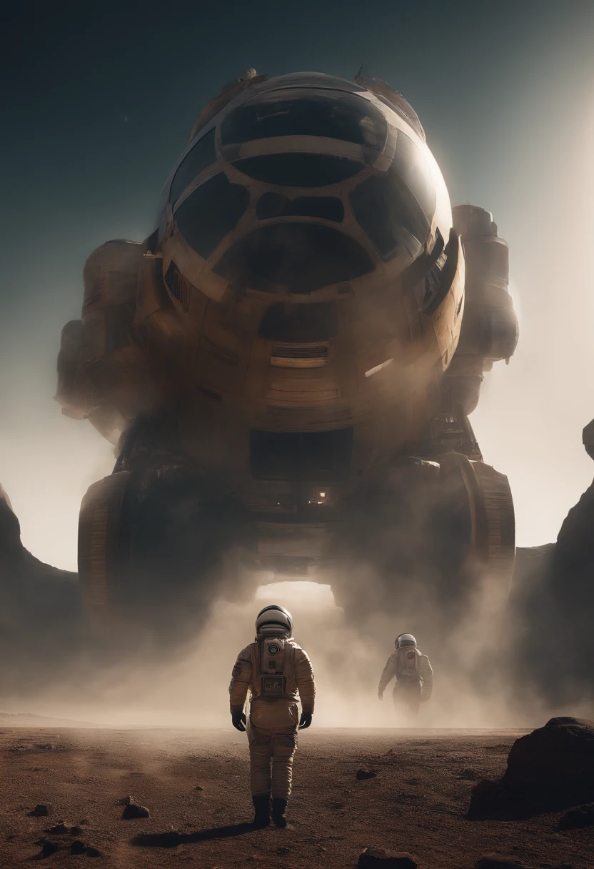 An astronauts back infront of a colossal ship in space