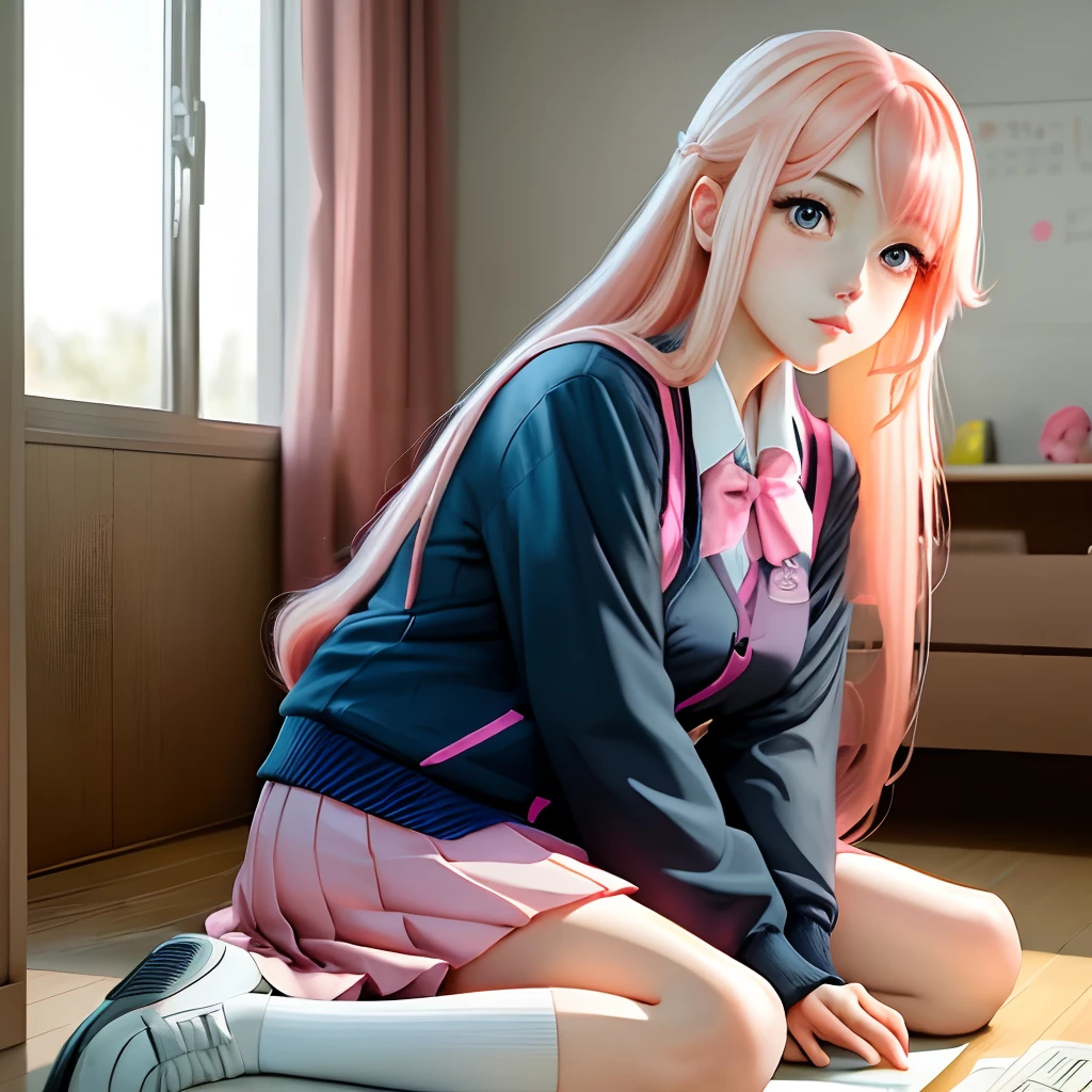 Anime Girl with a school uniform pink hair with blonde highlights long hair blue eyes
