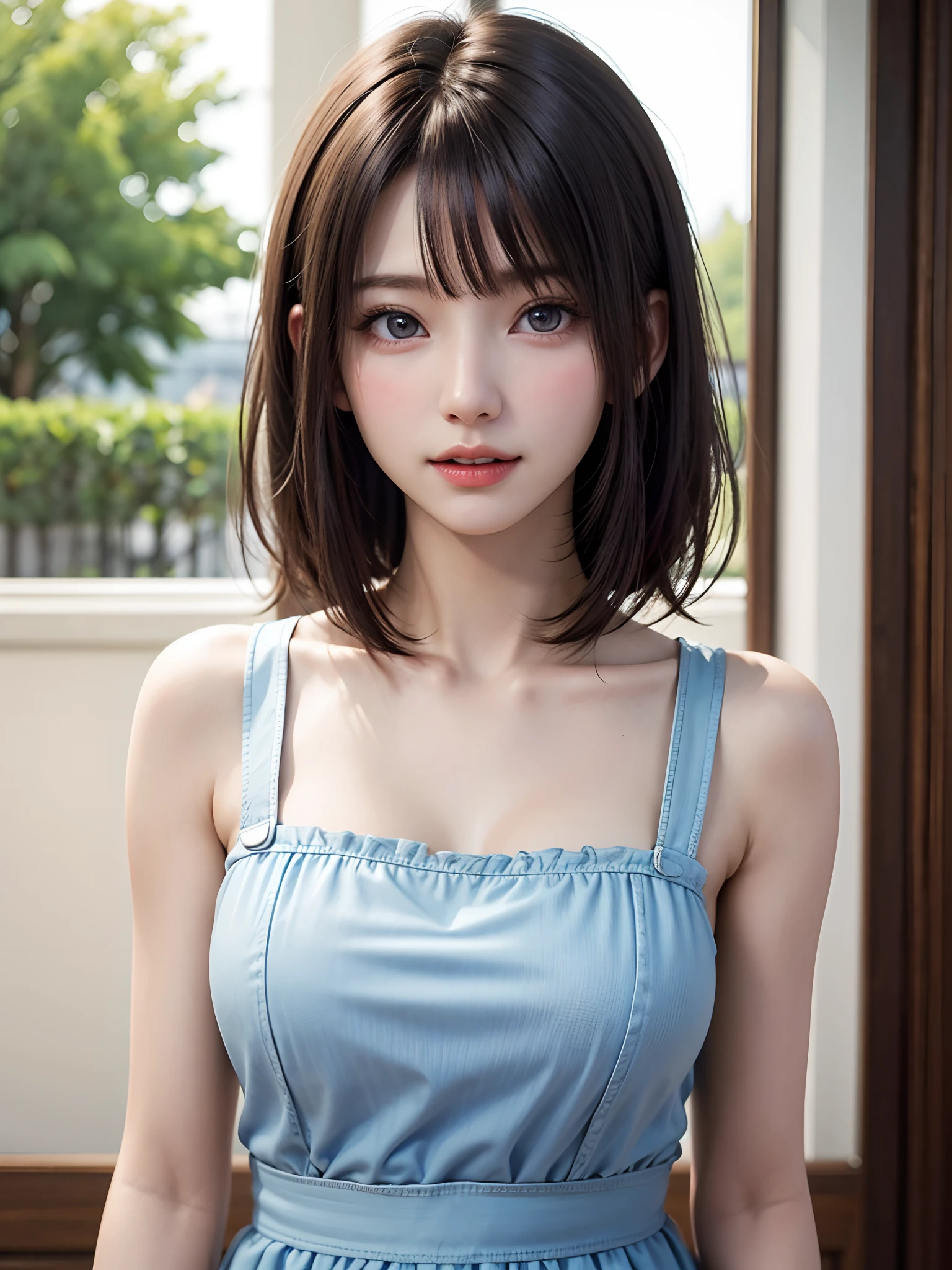 bright expression、photorealisim、top-quality、超A high resolution、a picture、Photo of an exquisitely beautiful Nordic-born girl、Extraordinary beautiful girl、Detailed cute and beautiful face、(pureerosface_v1:0.008)、Short bob cut with beautiful bangs、alice in the wonderland、28 year old、Glowing white shiny skin、facial hairs、Bangs that extend to the face、Bangs between the eyes、Attractive bright natural platinum blonde super long straight silky hair、finer hair、Attractive glowing beautiful bright clear light blue big eyes、White Apron、a blue dress、eye liner、Double eyelids、Lush bust