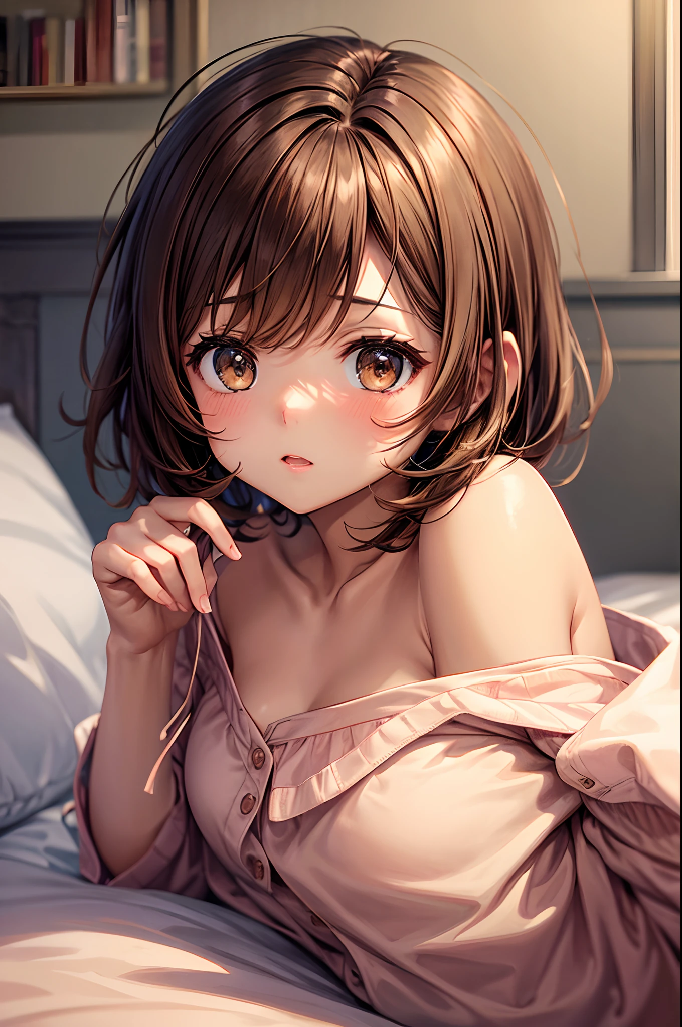 Best Quality、Light brown skin、Looks Back、Autumn pajamas、Lower breast same,、、short-hair、femele、Very cute、Midnight、Brown hair、laying on back、I want to blush、Bedroom、Kamimei、