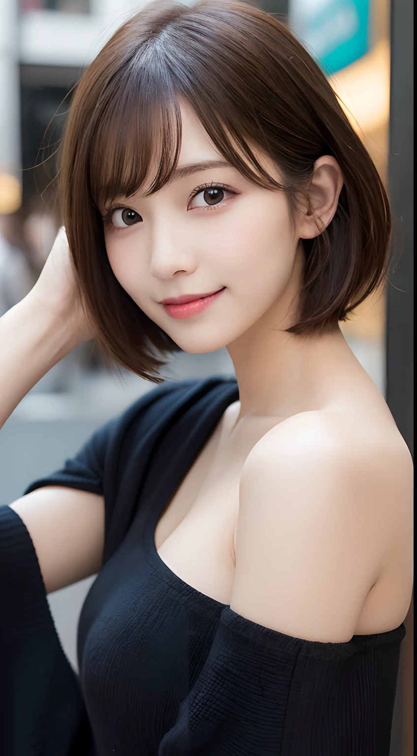 masutepiece, Best Quality, Illustration, Ultra-detailed, finely detail, hight resolution, 8K Wallpaper, Perfect dynamic composition, Beautiful detailed eyes, Women's Fashion,Short bob hair,Small breasts natural color lip, Bold sexy poses,Smile,Harajuku、20 years girl、Cute、Subject looking at sexy pose on camera