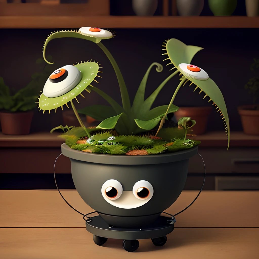 32-bit solo venus flytrap with googly eyes in pot with wheels