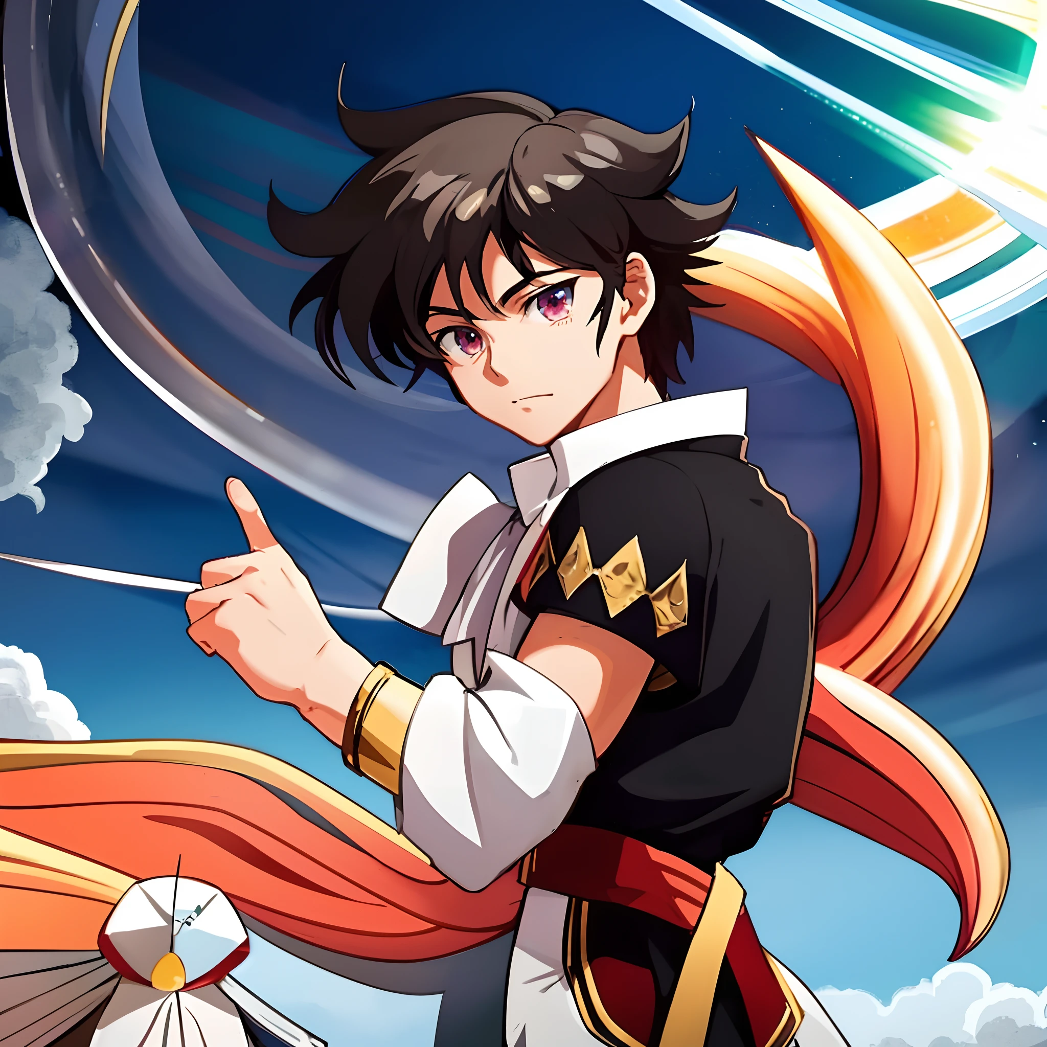 personagem de anime com cabelos longos e olhos vermelhos apontando para algo, Anime Voador Esper, Arte Oficial, arte chave do anime, anime em estilo fantasia, Isekai, popular isekai anime, arte chave do anime, official illustration, cara bonito na arte demon slayer, Otaku Gangasta, an epic anime of a energy man, top 25 fantasy anime series, Gurren Lagan