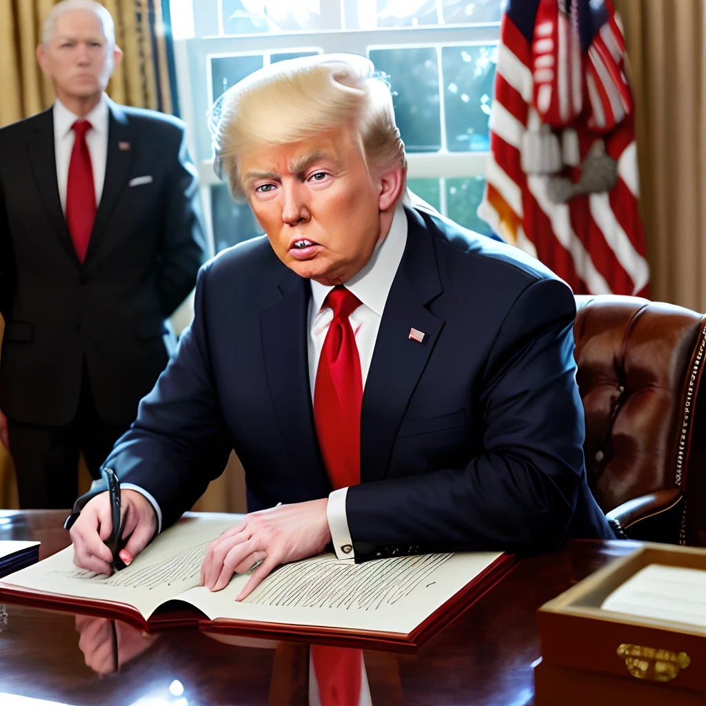 Generate an image in a realistic style, depicting Donald Trump dressed in a traditional Japanese junior high school uniform from the early years. The uniform consists of a classic Gakuran jacket with a stand-up collar, adorned with five metal buttons, and jet-black in color, paired with straight-legged trousers. He is positioned against the backdrop of an old-school classroom, featuring wooden desks and chalkboards, melding the historical educational setting of Japan with the distinctive persona of Trump<lora:gakuran:0.8>