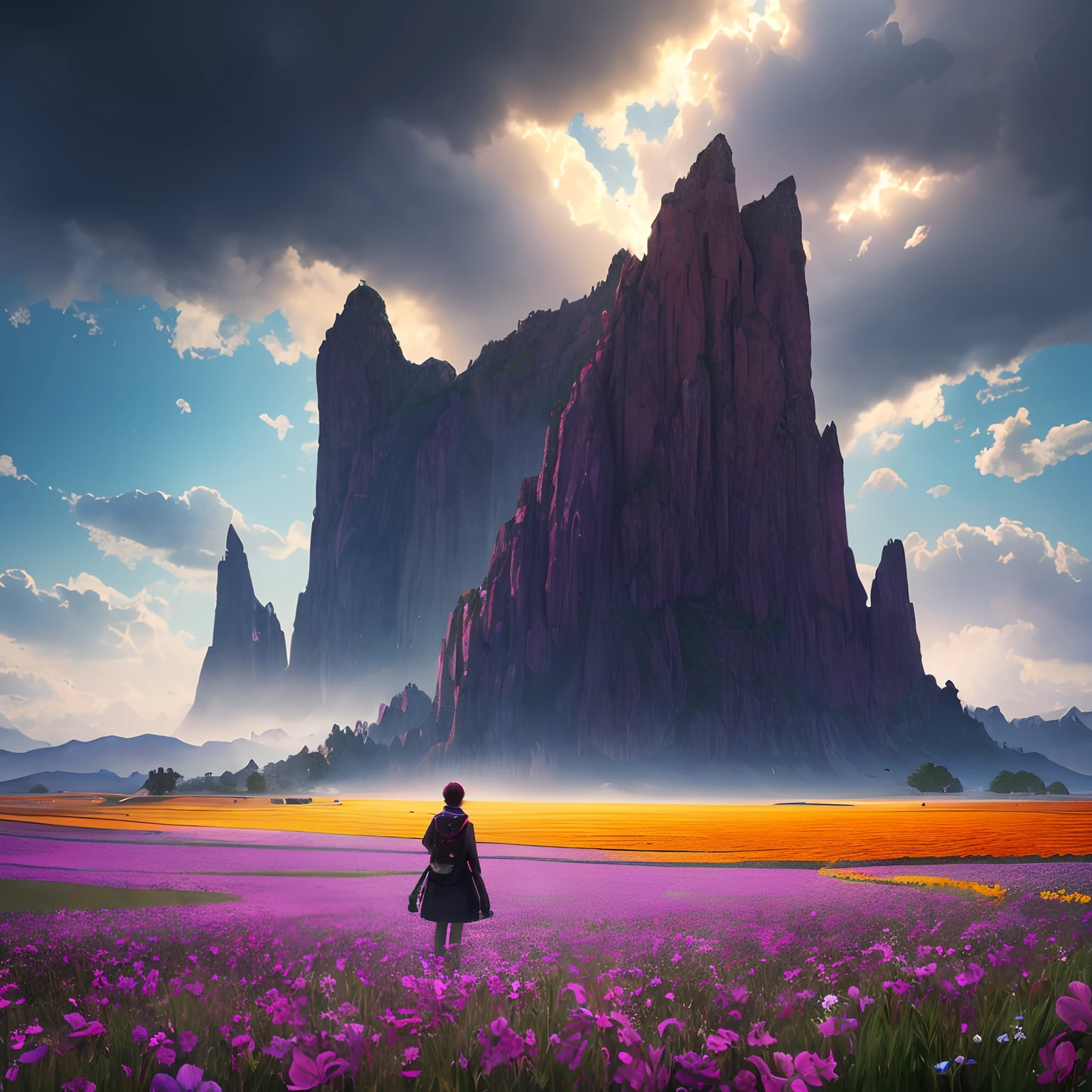 expansive landscape photograph , (a view from below that shows sky above and open field below), a girl standing on flower field looking up, bright sunny day (clouds:1.2), distant mountain, steep climb, narrow path, tree BREAK
production art, lot of purple and Orange, pink, intricate details, volumetric lighting, realism BREAK
(masterpiece:1.2), detailed shadows, (best quality), 4k, ultra-detailed, (dynamic composition:1.4), highly detailed, colorful details,( iridescent colors:1.2), (glowing lighting, atmospheric lighting), dreamy, magical, (solo:1.2)