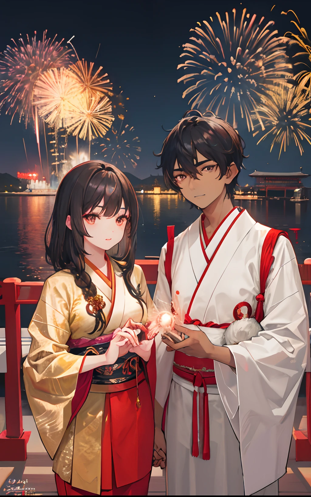 (Indian guy with brown skin and grey eye's) and ( Japanese girl with golden dragon eye's) holding hands and watch the fireworks festival in Japan