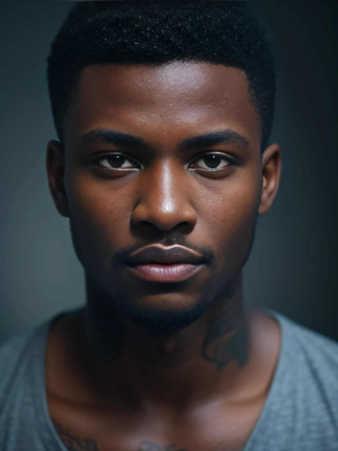 (close-up, editorial photograph of a Handsome black boy, dark skin, short haircut, full sleeve tattoos and piercings, fit , POV, by lee jeffries, nikon d850, film stock photograph ,4 kodak portra 400 ,camera f1.6 lens ,rich colors ,hyper realistic ,lifelike texture, dramatic lighting , cinestill 800,), (highly detailed face:1.4), perfect eyes, realistic iris, perfect teeth, (smile:0.7), (background inside dark, moody, private study:1.3)