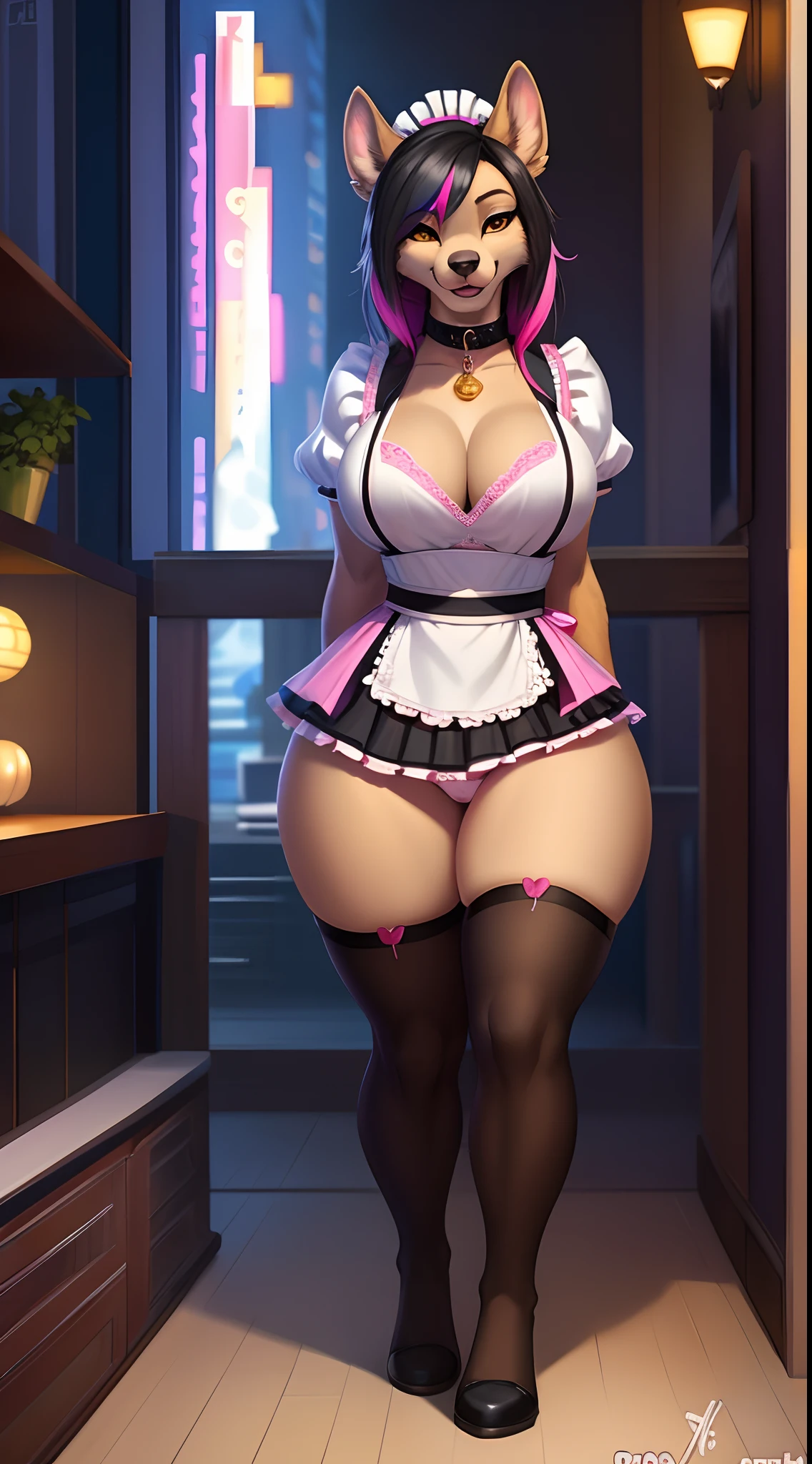 ((((sfw)))), uploaded the e621, beautiful and detailed,woman (((female))) ((anthro)) hyena, Ross Tran, by ruan jia, by zaush, by foxovh, lighting cinematic, seductor, hyena, thighighs, (huge chest), full body view, (anthro, fluffy fur, character focus:1.1), 1girl, anthro dog girl, body fur, solo, medium breasts, (thick thighs), curvy, (pinky,black and white colors_clothes) focus on boobs, biki big ass sexy ass sexy boobs , (heart-shaped pupils), sexy, seductive, fall in love girl, nice, cute, naughty face, , big aureola show , Black hair with pinky highlights. inside butt samurai girl, uniform , with his shirt soaked , visibile saliva offering the breasts and sex partial clothes ((She is showing her sensuality) ( pinky collar.) hottest hot 1st position for sexy pinky eyes confortable naughy face anime-style cartoon-style squirrel ears with pinky hair , digital drawing and colorful city in the background, sexual expression.) (clothes colors: pinky, black and white) (maid clothes)