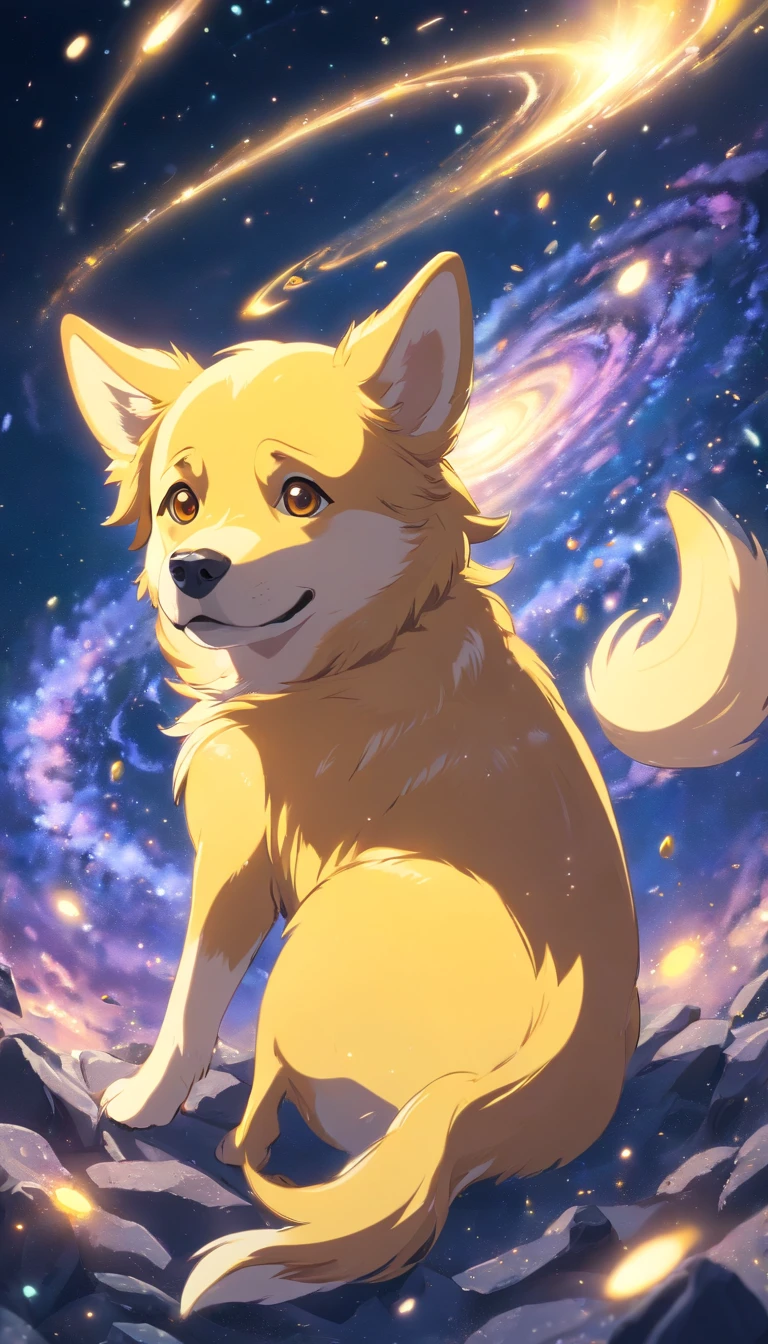 [(best quality,8k),(yellow dog:1.2),(particles),(lying down),(galaxy),(particles around the body)]