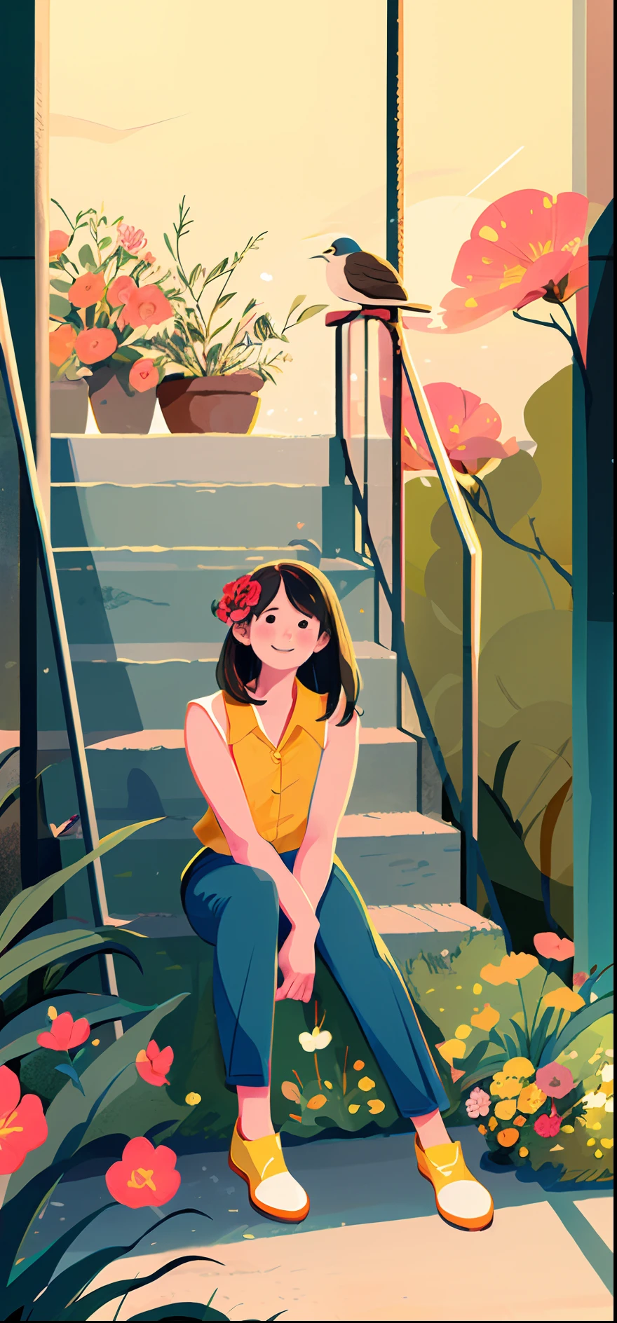 1 girl,Computer， Solo, stairways, Long hair, Brown hair, plant, shirt, Bird, Sleeveless shirt, Yellow footwear, Sleeveless, Sitting, White trousers, Skirt, flower, Smile, White skirt, orange footwear, Leaves, Black eyes, Wide shot, shoe, pink flower, trousers, Blush, shairband, Yellow shirt, streaked, sit on stairs, yellowflower, tree, Steps, shadow of the tree, flower