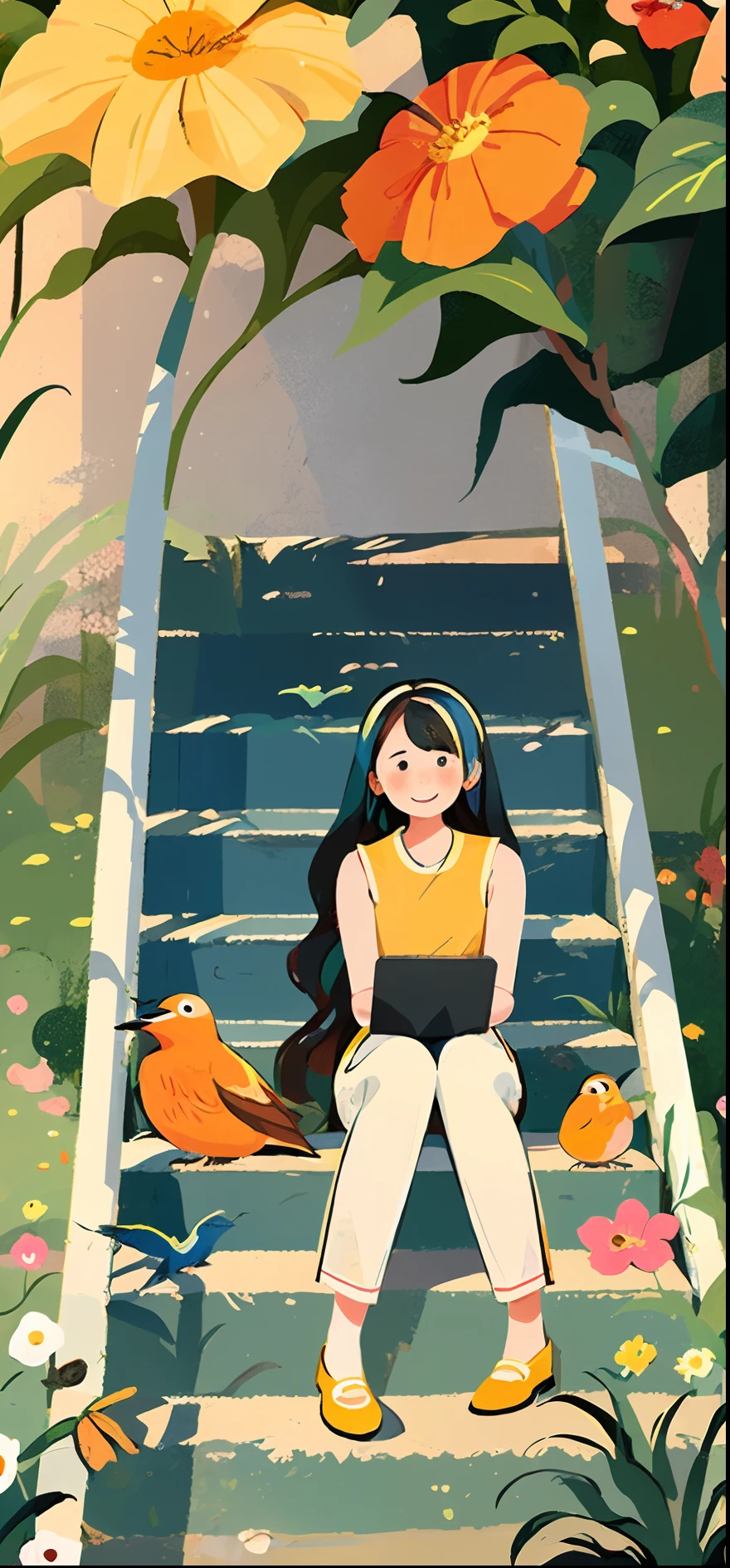 1 girl,Computer， Solo, stairways, Long hair, Brown hair, plant, shirt, Bird, Sleeveless shirt, Yellow footwear, Sleeveless, Sitting, White trousers, Skirt, flower, Smile, White skirt, orange footwear, Leaves, Black eyes, Wide shot, shoe, pink flower, trousers, Blush, shairband, Yellow shirt, streaked, sit on stairs, yellowflower, tree, Steps, shadow of the tree, flower