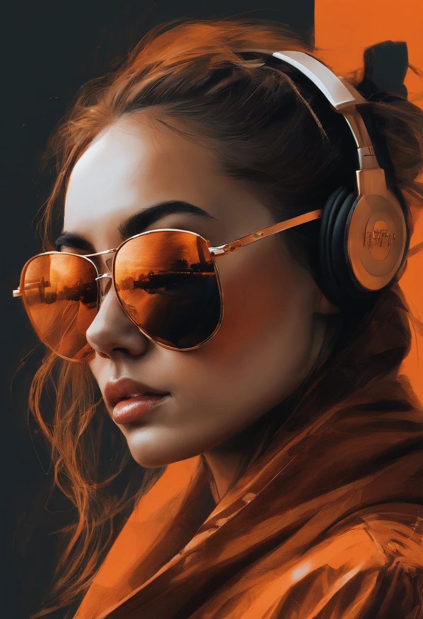 Perfect centralization, Um panda bonito por toda parte, Use uma jaqueta de estudante, wearing sunglasses, Usando fones de ouvido, Standing position, beleza abstrata, Centrado, looking at the camera, Facing the camera, nearing perfection, Dynamic, luar, altamente detalhado, pintura digital, art stations, Conceito-Arte, liso, foco nítido, 8k, high-definition resolution, illustration, arte de Carne Griffiths e Wadim Kashin, orange background