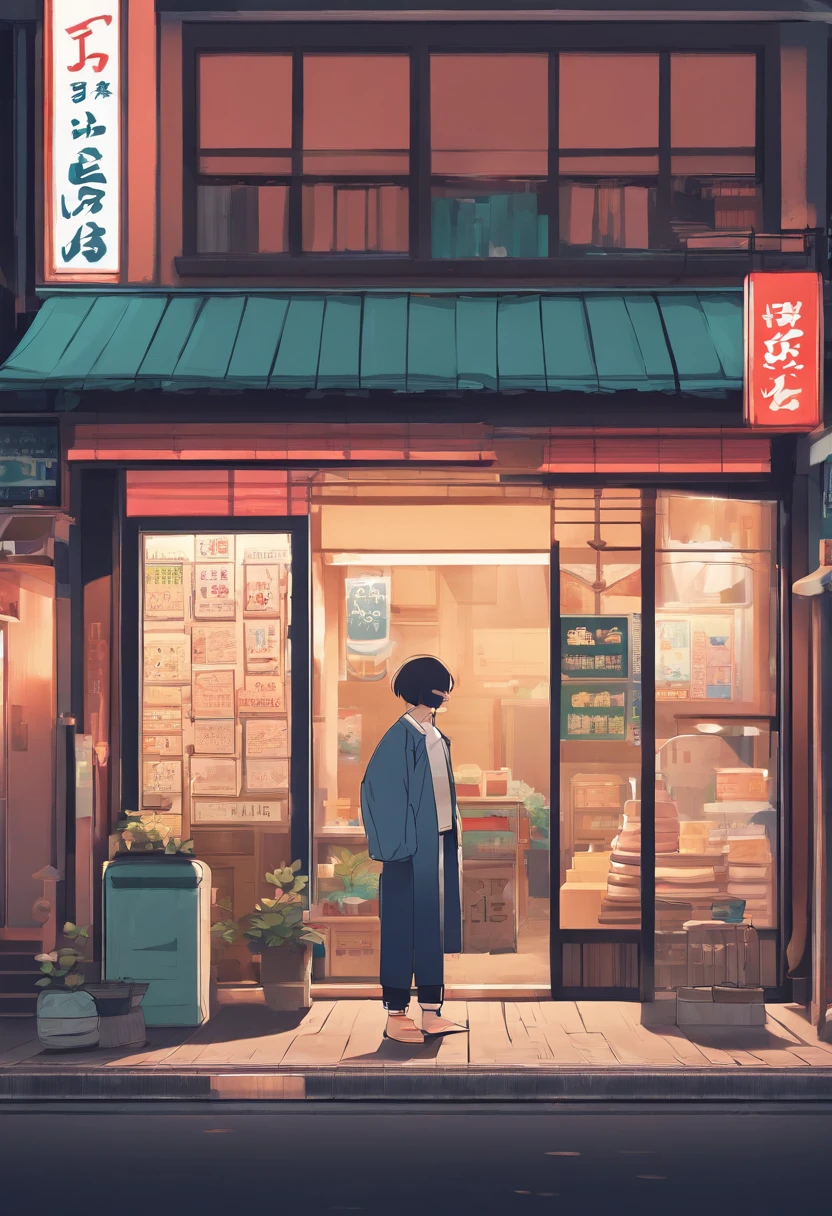 Anime - style painting of a man standing in front of a store, Tokyo Anime Scene, japanese street, Anime Background Art, japanese downtown, detailed scenery —width 672, anime style cityscape, japanese city, anime scenery concept art, Tokyo street background, realistic anime 3 d style, in the style of makoto shinkai, Tokyo - esque town, lofi artstyle,This design is、Shows the perfect blend of retro aesthetics and modern digital art, A visually appealing and captivating work that celebrates the beauty of Japan, Design, Vector art, Digital Painting, and Adobe Illustrator. Creating.