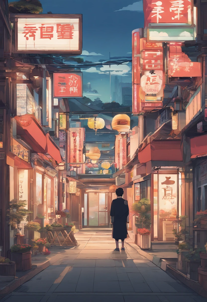 Anime - style painting of a man standing in front of a store, Tokyo Anime Scene, japanese street, Anime Background Art, japanese downtown, detailed scenery —width 672, anime style cityscape, japanese city, anime scenery concept art, Tokyo street background, realistic anime 3 d style, in the style of makoto shinkai, Tokyo - esque town, lofi artstyle,This design is、Shows the perfect blend of retro aesthetics and modern digital art, A visually appealing and captivating work that celebrates the beauty of Japan, Design, Vector art, Digital Painting, and Adobe Illustrator. Creating.
