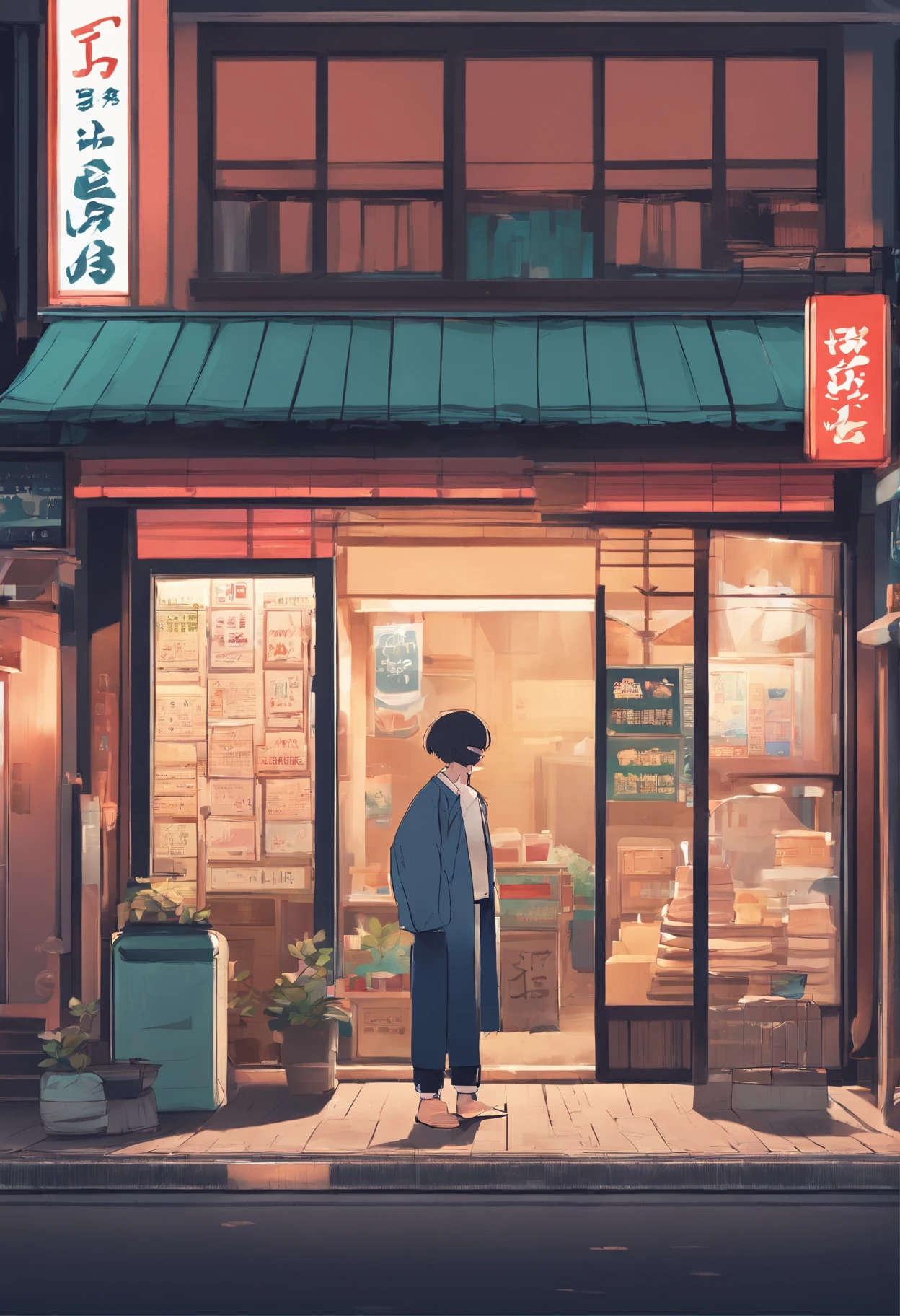 Anime - style painting of a man standing in front of a store, Tokyo Anime Scene, japanese street, Anime Background Art, japanese downtown, detailed scenery —width 672, anime style cityscape, japanese city, anime scenery concept art, Tokyo street background, realistic anime 3 d style, in the style of makoto shinkai, Tokyo - esque town, lofi artstyle,This design is、Shows the perfect blend of retro aesthetics and modern digital art, A visually appealing and captivating work that celebrates the beauty of Japan, Design, Vector art, Digital Painting, and Adobe Illustrator. Creating.