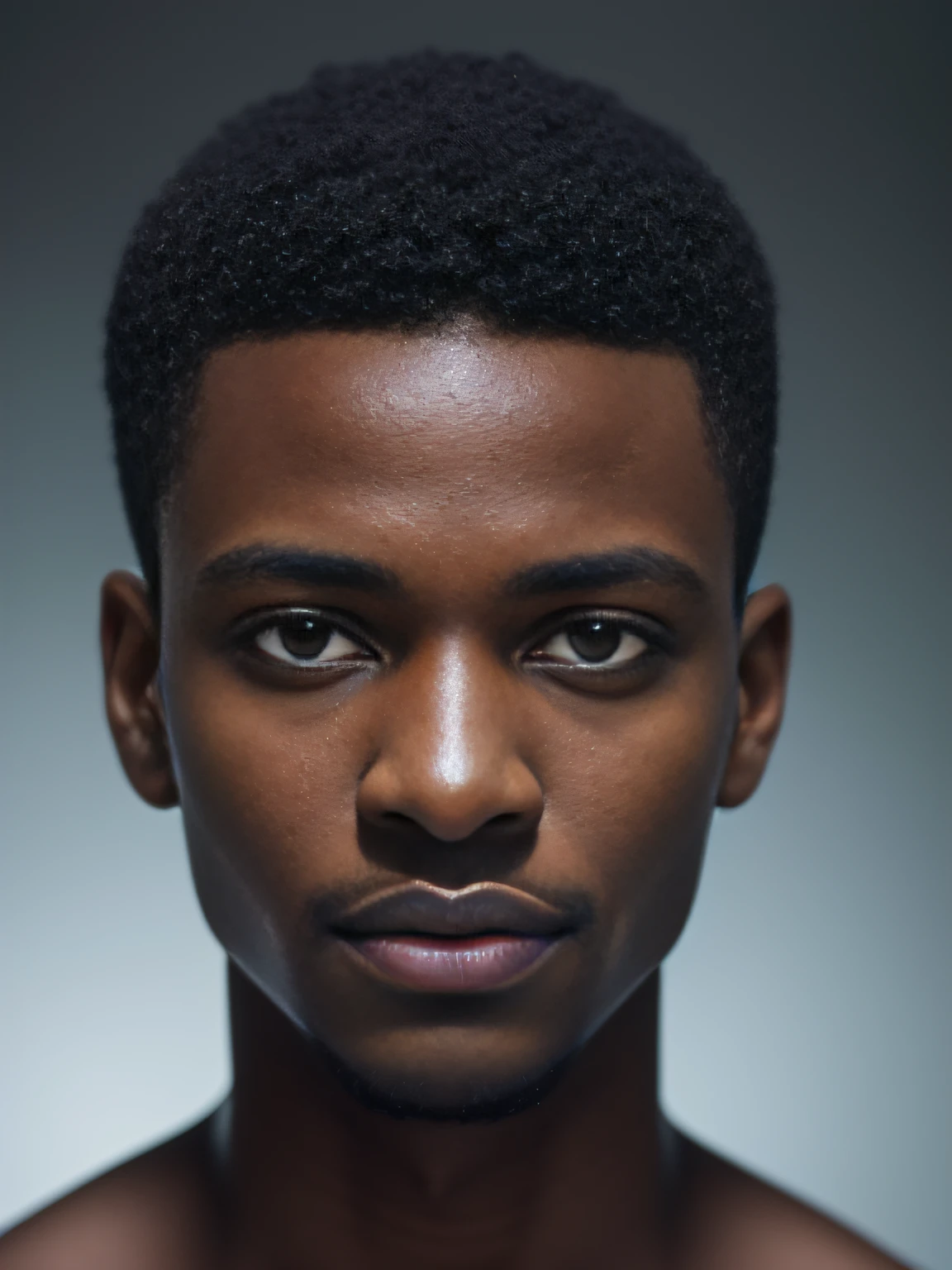 (close-up, editorial photograph of a Handsome black boy, dark skin, short haircut, fgreen eyes, fit , POV, by lee jeffries, nikon d850, film stock photograph ,4 kodak portra 400 ,camera f1.6 lens ,rich colors ,hyper realistic ,lifelike texture, dramatic lighting , cinestill 800,), (highly detailed face:1.4), perfect eyes, realistic iris, perfect teeth, (smile:0.7), (background inside dark, moody, private study:1.3)