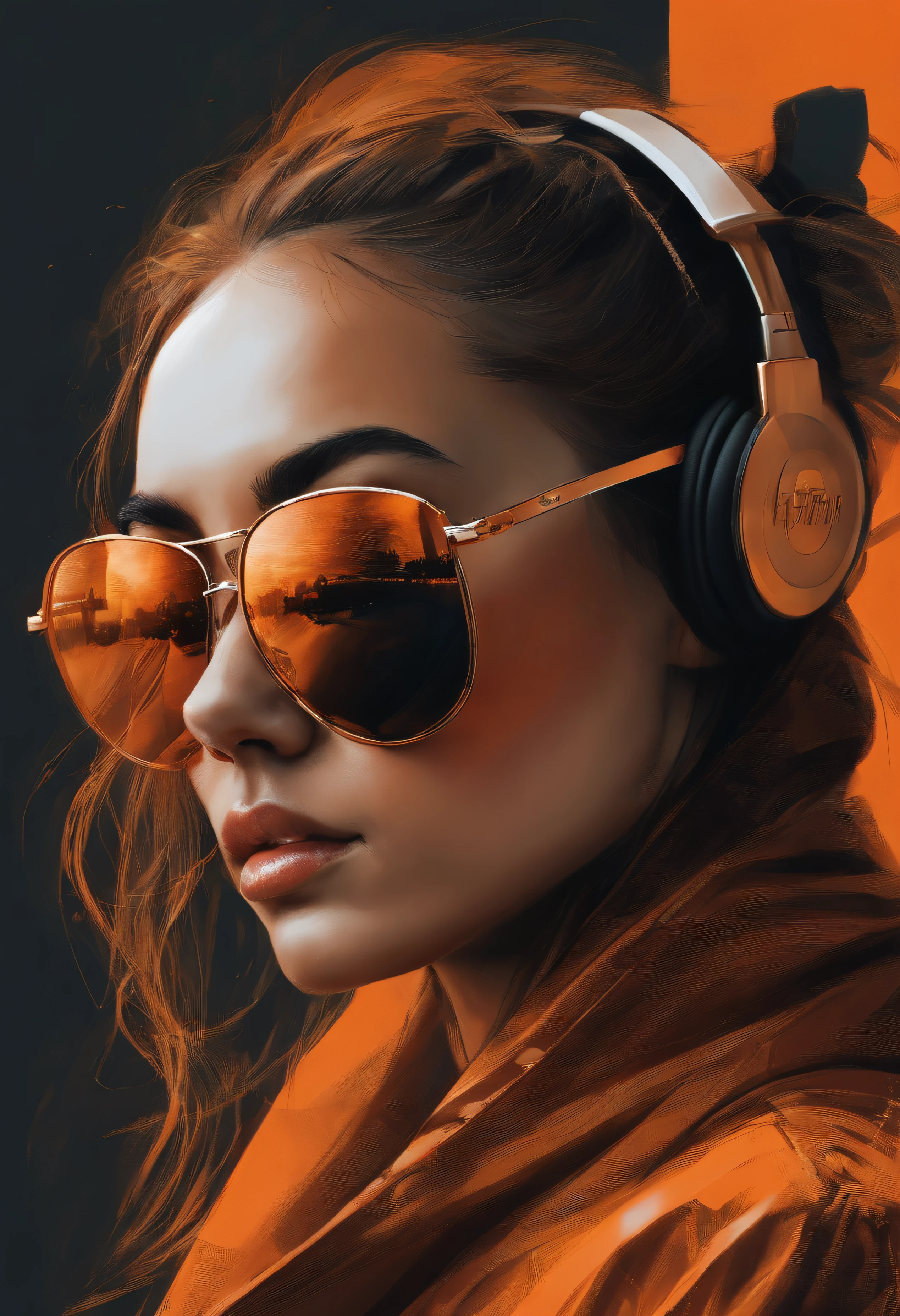 Perfect centralization, Um panda bonito por toda parte, Use uma jaqueta de estudante, wearing sunglasses, Usando fones de ouvido, Standing position, beleza abstrata, Centrado, looking at the camera, Facing the camera, nearing perfection, Dynamic, luar, altamente detalhado, pintura digital, art stations, Conceito-Arte, liso, foco nítido, 8k, high-definition resolution, illustration, arte de Carne Griffiths e Wadim Kashin, orange background