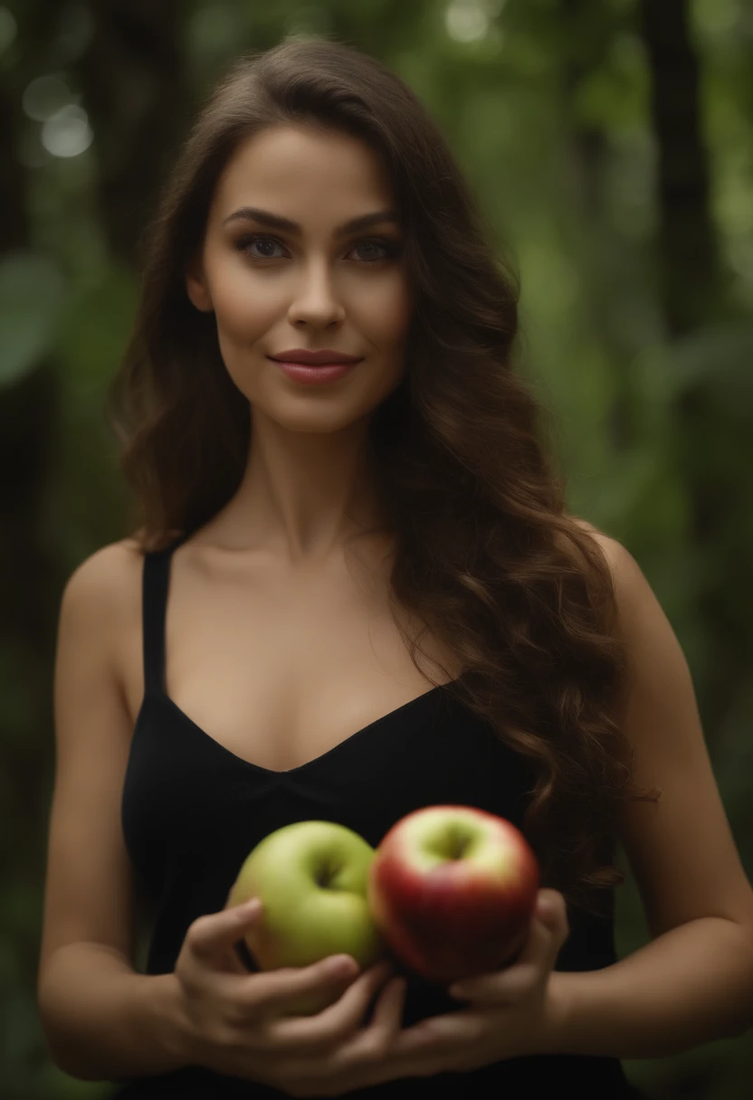 (melhor qualidade,4k,8k,Altas,master part:1.2),ultra-detalhado,(Realistic,fotorrealista,photo-realistic:1.37),Seductive woman holding an apple, de 20 e poucos anos, arbustos cobrindo o corpo da mulher,Paisagem da natureza,fundo da floresta