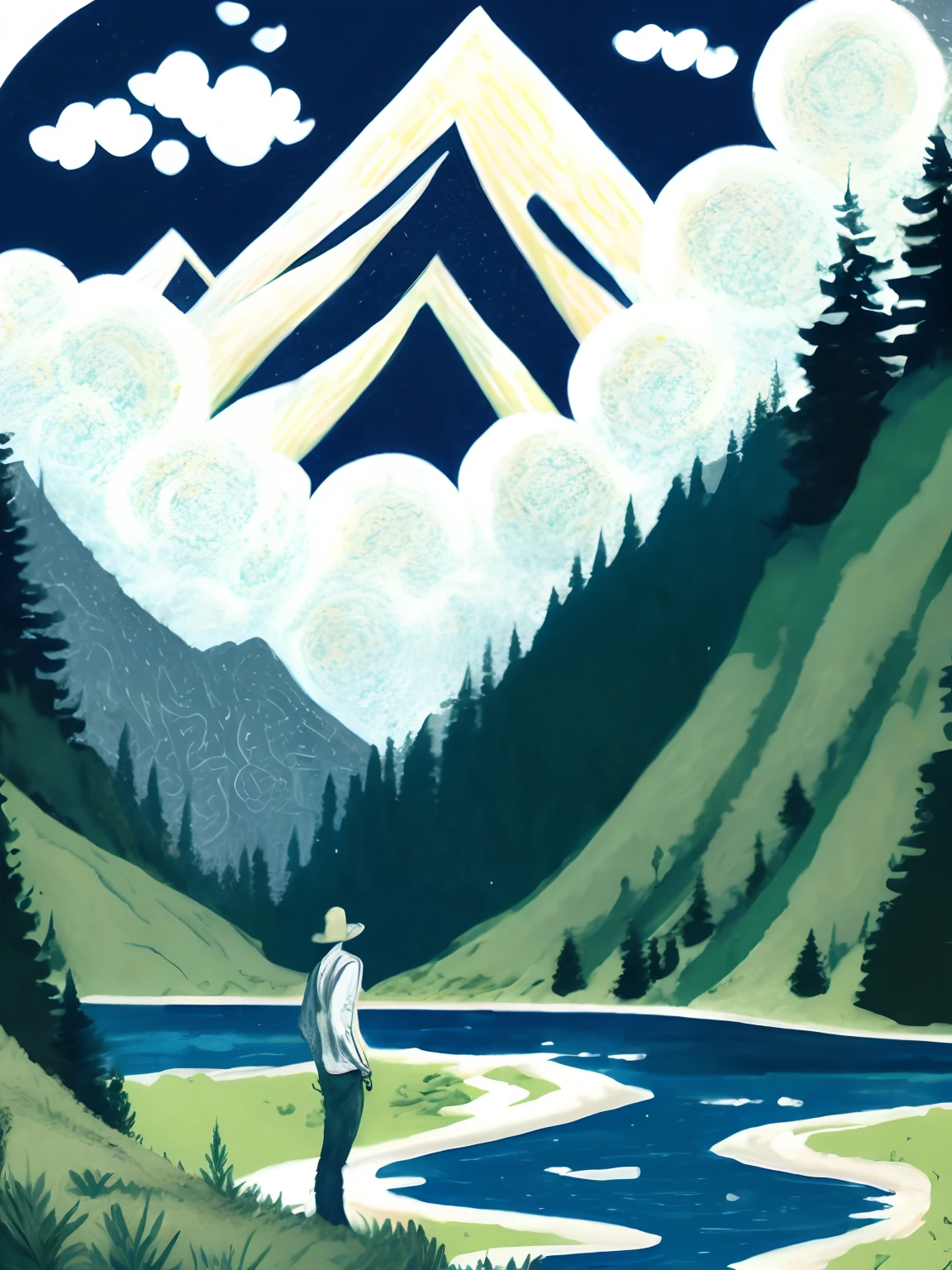 a drawing,A man stands in front of a mountain,A river runs through the mountains,The author is Victor Blue,white colors,green color