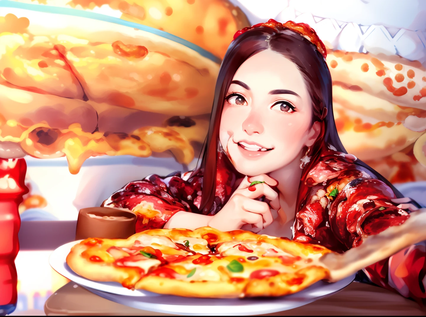 Realistic face, there is a woman sitting at a table with a pizza, eating pizza, holding pizza, profile image, profile pic, eating a pizza, mukbang, eating, kyza saleem, holding a large pizza!!!, candid picture, ❤🔥🍄🌪, pizza, holding up a pizza, pizza cosmos, very very low quality picture, profile picture