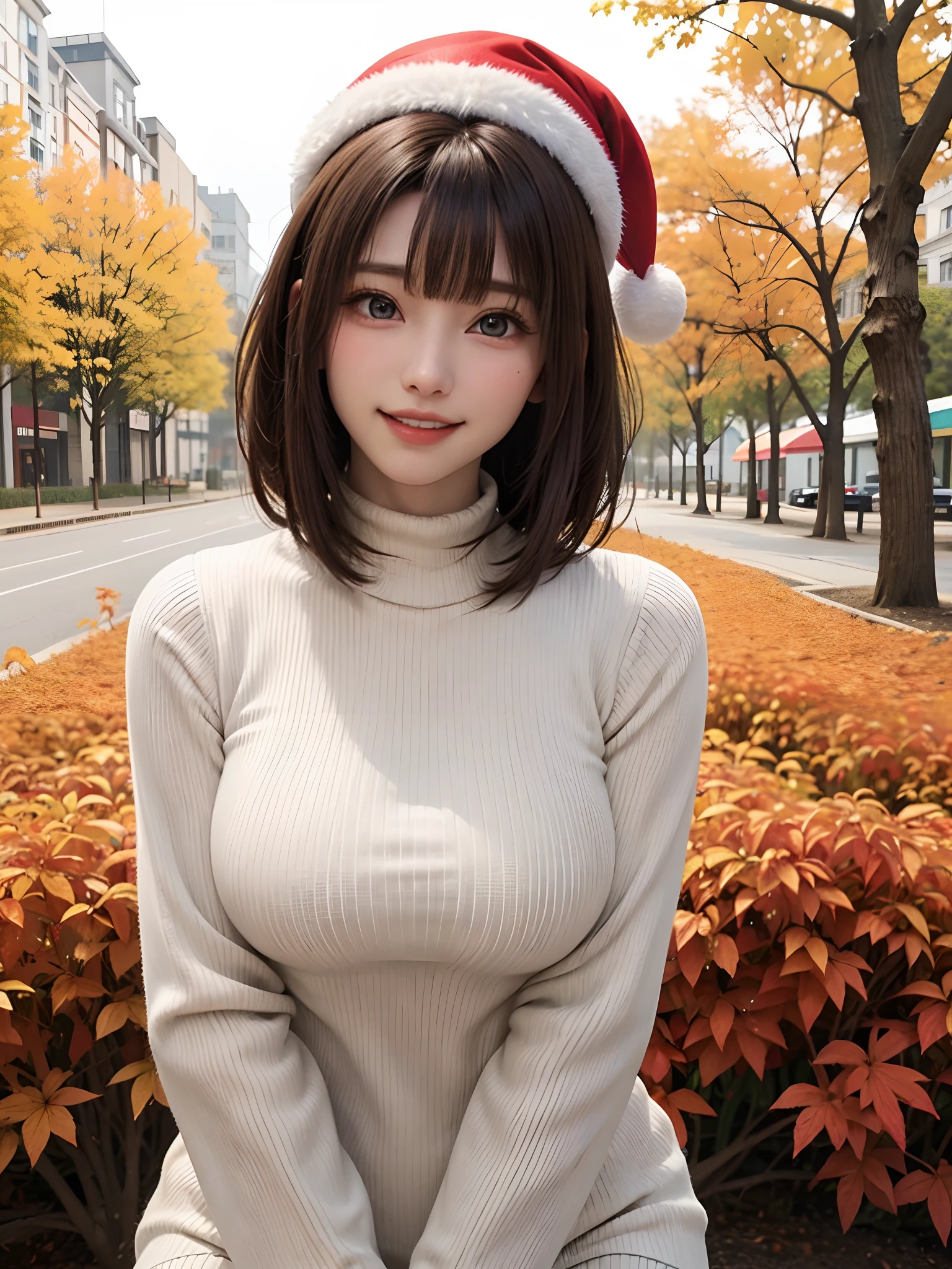 (masutepiece:1.4, top-quality、Very attractive adult beauty with a very cute smile:1.4、Add intense highlights to the eyes:1.4、Look firmly at the camera、Beautiful woman full of adult charm:1.4),1girl in, 独奏, Light brown shiny hair, muffler,Santa Claus hat:1.4,realisitic, looking at the viewers, Bright colored crystal light blue eyes:1.4, short shiny hair, Santa Claus Starneck Knit、 Red and white costume of Santa Claus in turtleneck with round hole in the center of the chest:1.4,Sexy red and blue turtleneck knit sweater with round hole in the center of chest:1.4、 s lips, lipgloss:1.4,bangss, The upper part of the body、big eye、Lashes、The face is a little red:1.4、Embarrassing)、((Canadian tree-lined avenues in autumn:1.4))、((Shorthair with bangs、big eye、Put very strong highlights in your students:1.4、{Gigantic|Big|Huge|Mega} breasts:1.4、very Bigger breasts、gazing at viewer、Very beautiful beauty、Put your ears out:1.4、long neck:1.4、little smiling、Beautiful teeth、Open your mouth and smile:1.4))、28 year old:1.4、Very cute supermodel:1.4、