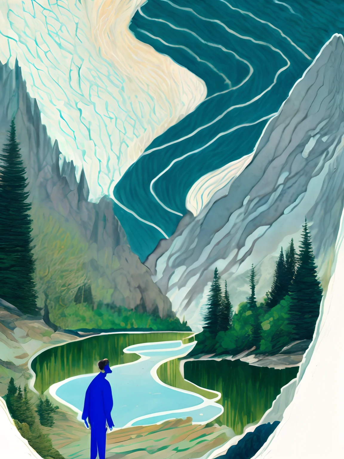 a drawing，A man stands in front of a mountain，A river runs through the mountains，The author is Victor Blue，white colors，green color