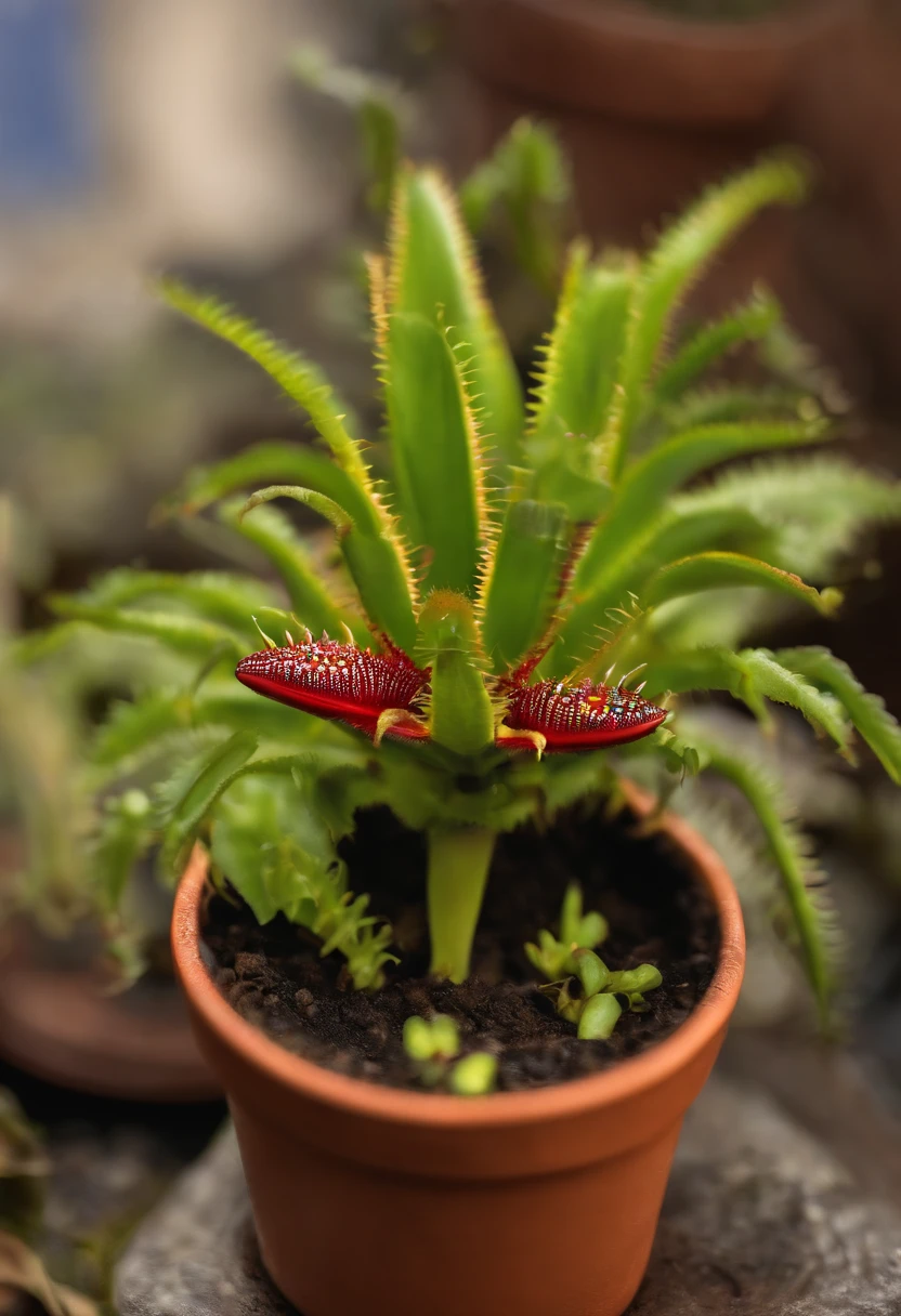 One, Venus flytrap, with googly eyes on top of head, in a pot, with wheels, pixelated