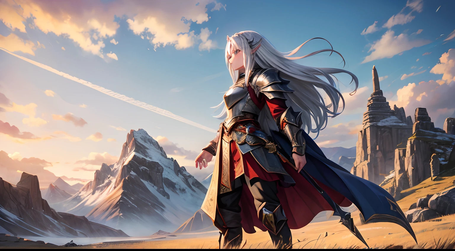 Dragonkin, 18 year old, female, long silver hair, brother, short silver hair, battle mage armor, grass fields, clear skies, horizon mountain range