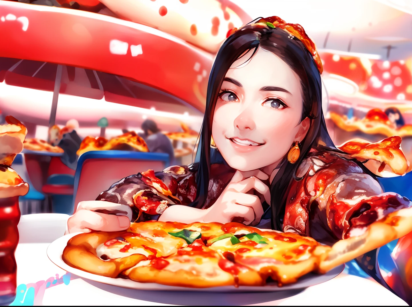Realistic face, there is a woman sitting at a table with a pizza, eating pizza, holding pizza, profile image, profile pic, eating a pizza, mukbang, eating, kyza saleem, holding a large pizza!!!, candid picture, ❤🔥🍄🌪, pizza, holding up a pizza, pizza cosmos, very very low quality picture, profile picture