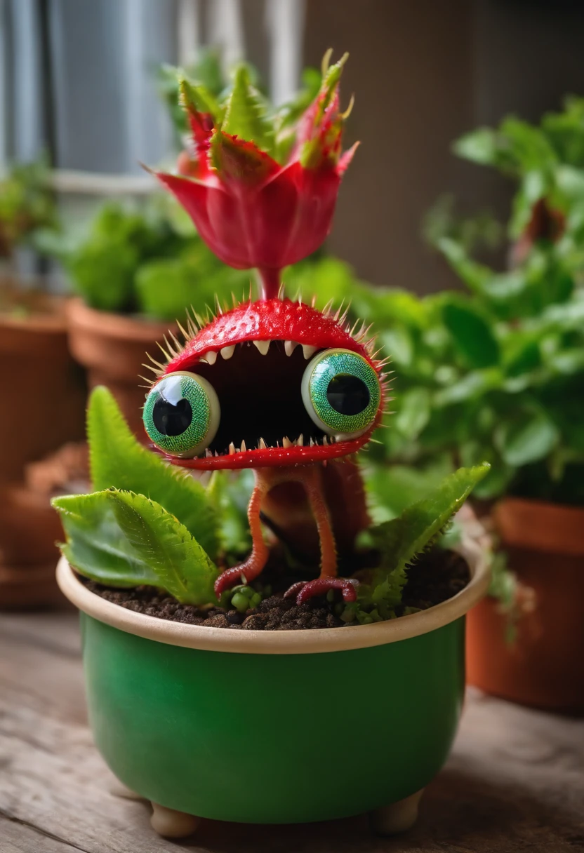 One, Venus flytrap, with googly eyes on top of head, in a pot with wheels, with wheels, pixelated