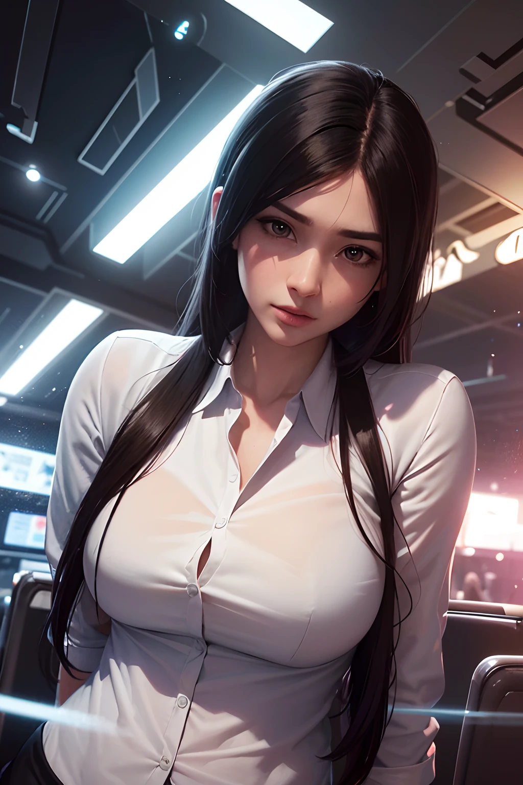 16K, HDR, RTX, raytracing, natural lighting, absurdres, best qaulity masterpiece, perfect anatomy highly detailed face, detailed eyes, 1girl, solo, wearing a business suit, white shirt, top button open, beautiful dark hair, extremely beautiful, edgy, cool, evil aura, windy, glowing eyes, serious expressions, dystopian city, futuristic, detailed background, award winning, neon lights, trending on art station