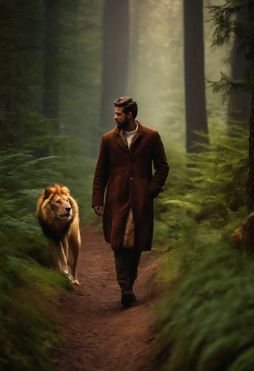 Retrato frontal de un hombre, Walking along a trail through the forest, Accompanied by a wolf and a lion.
