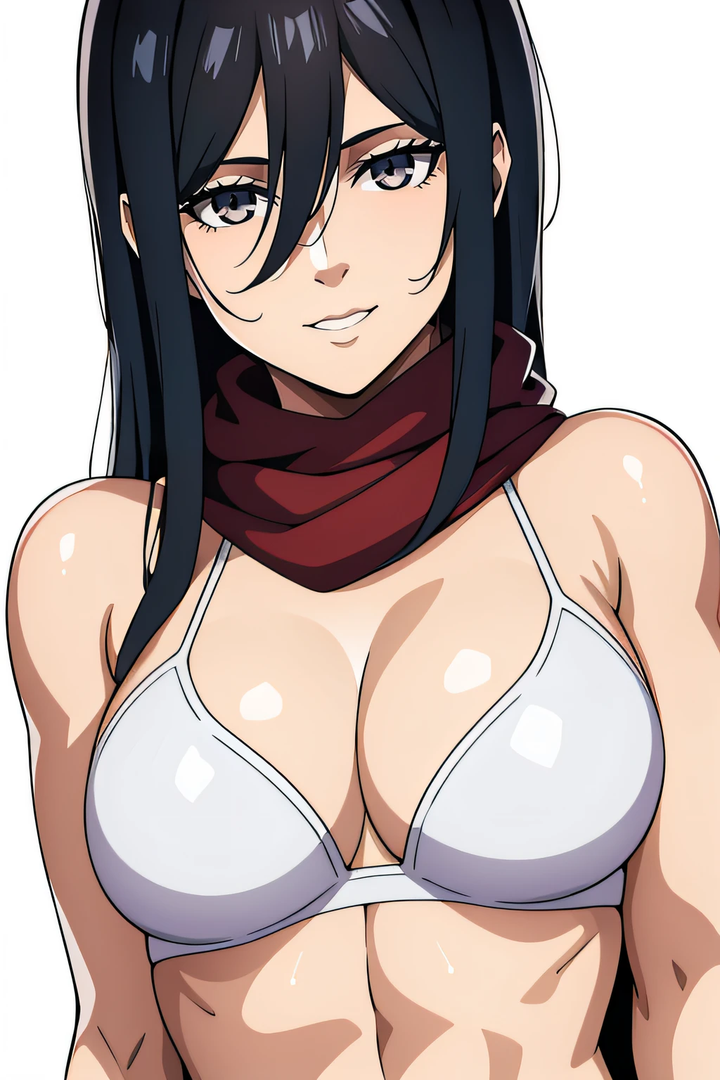 red scarf around the neck, ojos negros, cabello negro, corto_cabello,pelo entre los ojos, 1 girl in, 20yo,mujer joven,hermosa nariz,Beautiful character design, ojos perfectos, Cara perfecta,ojos expresivos,Equilibrio perfecto, mirando al espectador,boca cerrada, (inocente_grande_ojos:1.0),luz_They are smiling, arte oficial,fondo de pantalla CG 8k extremadamente detallado, (obra maestra:1.0),(mejor_Quality:1.0), muscular, muscular, Muscle, cabello negro, ojos grises, barriga, ombligo, chica musculosa, bikini blanco, Abs, abdomen