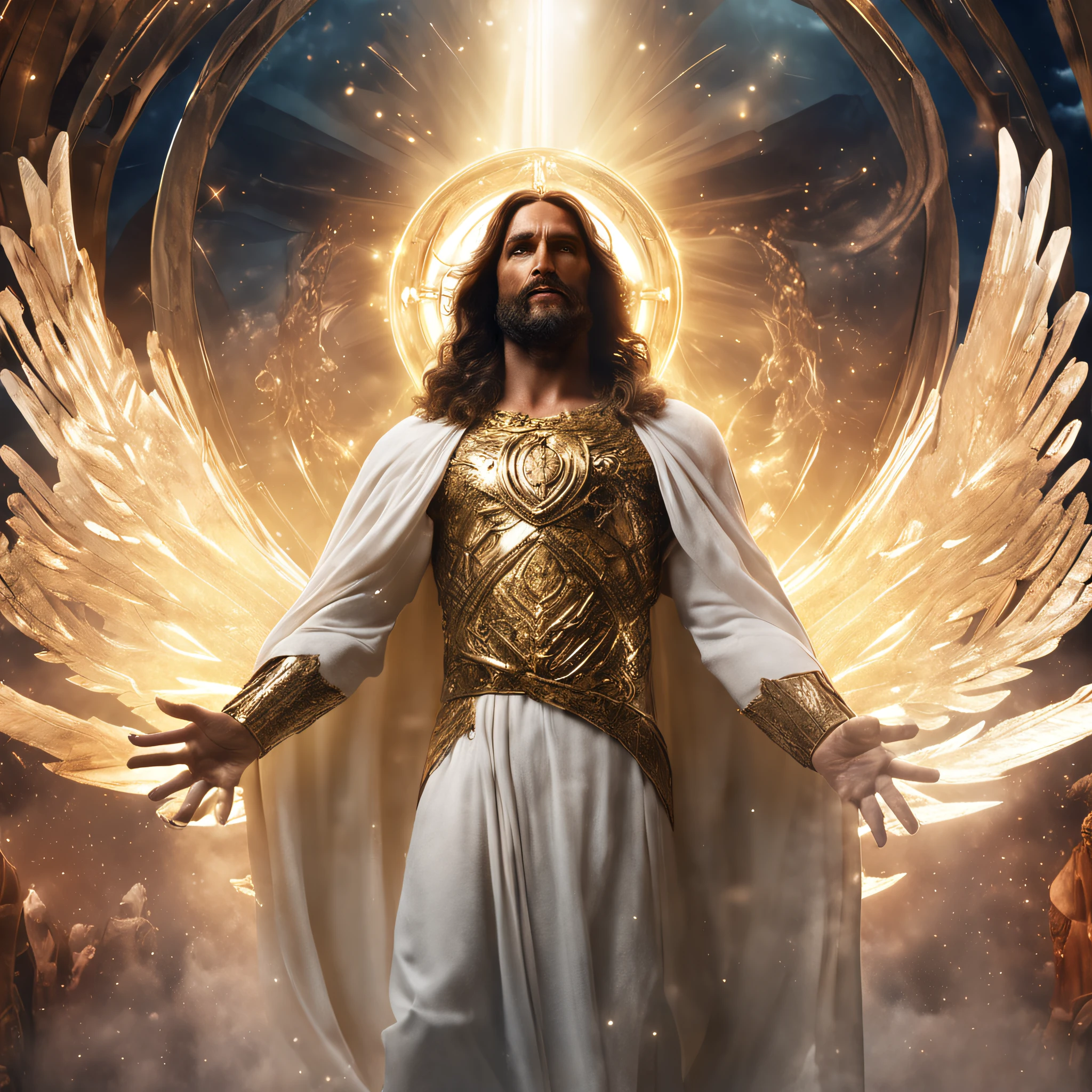 Imagem de um homem sereno no meio de nuvens de cristal (Jesus Christ, Son of God, in an elegant and imposing pose in futuristic battle clothes, ascending to heaven while looking into the camera;), magia branca reluzente ao redor, Controle de luminosidade, passo da luz, Light spells), Fantasia De Alta Qualidade Foto Stock, Fantasy Style 8k Octane Rendering, Elden Ring Cinematic Lighting, (octan render) estilo fantasia, unreal motor render saint seiya, picture of a male cleric, dramatic epic cinematic lighting, biblical epic movie, fantasy character Octane rendering, Epic scene of Jesus Christ