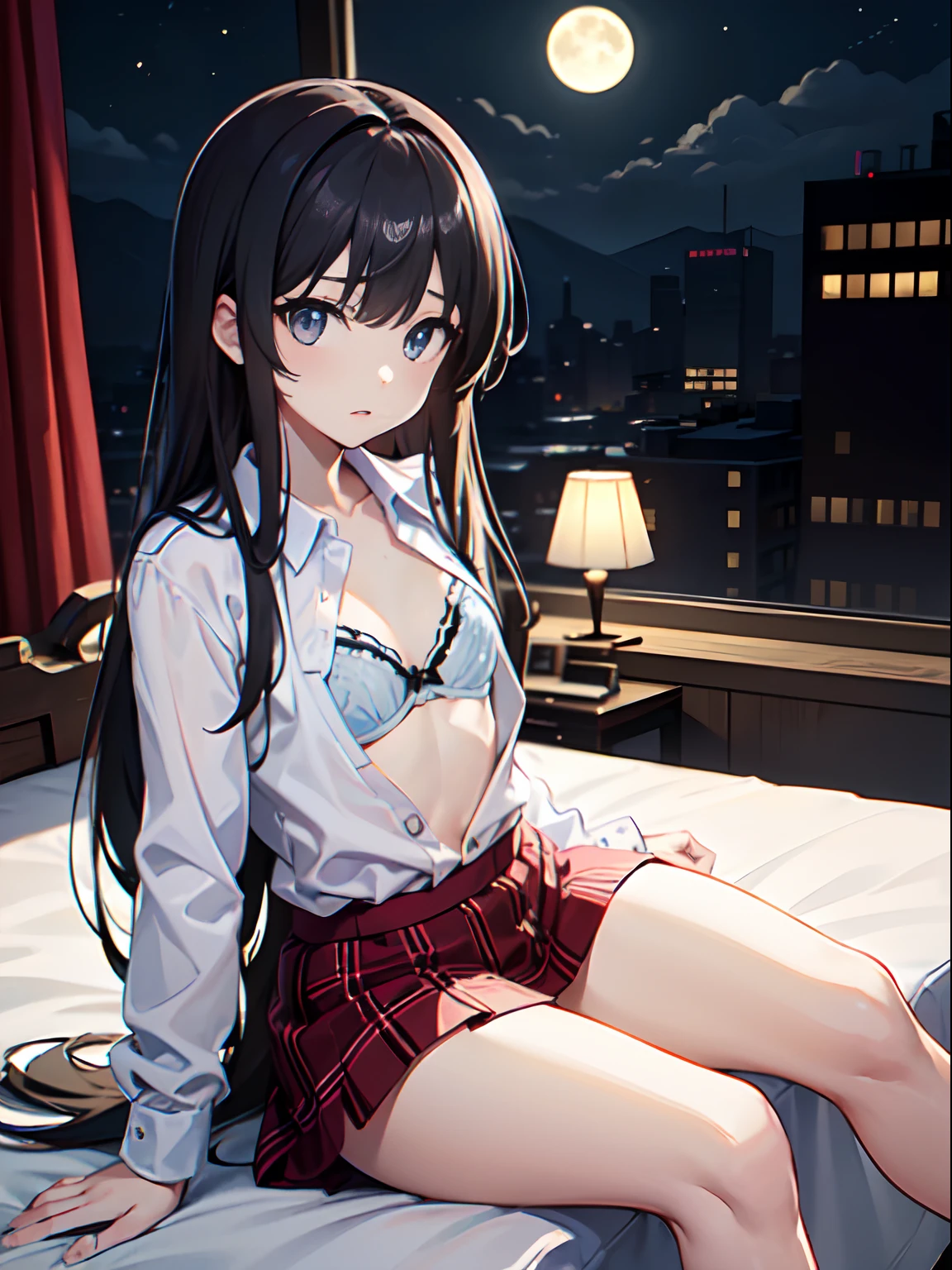 in 8K、top-quality、masterpiece、ultra-detailliert、Ultra-high resolution、((1 persons))、14 year old junior high school girl、Black straight long hair、embarrassed from、Red face、flat chest、(white shirt、Unbutton、Bra visible)、Sit on the bed、Plaid miniskirt、mid night、Moonlight