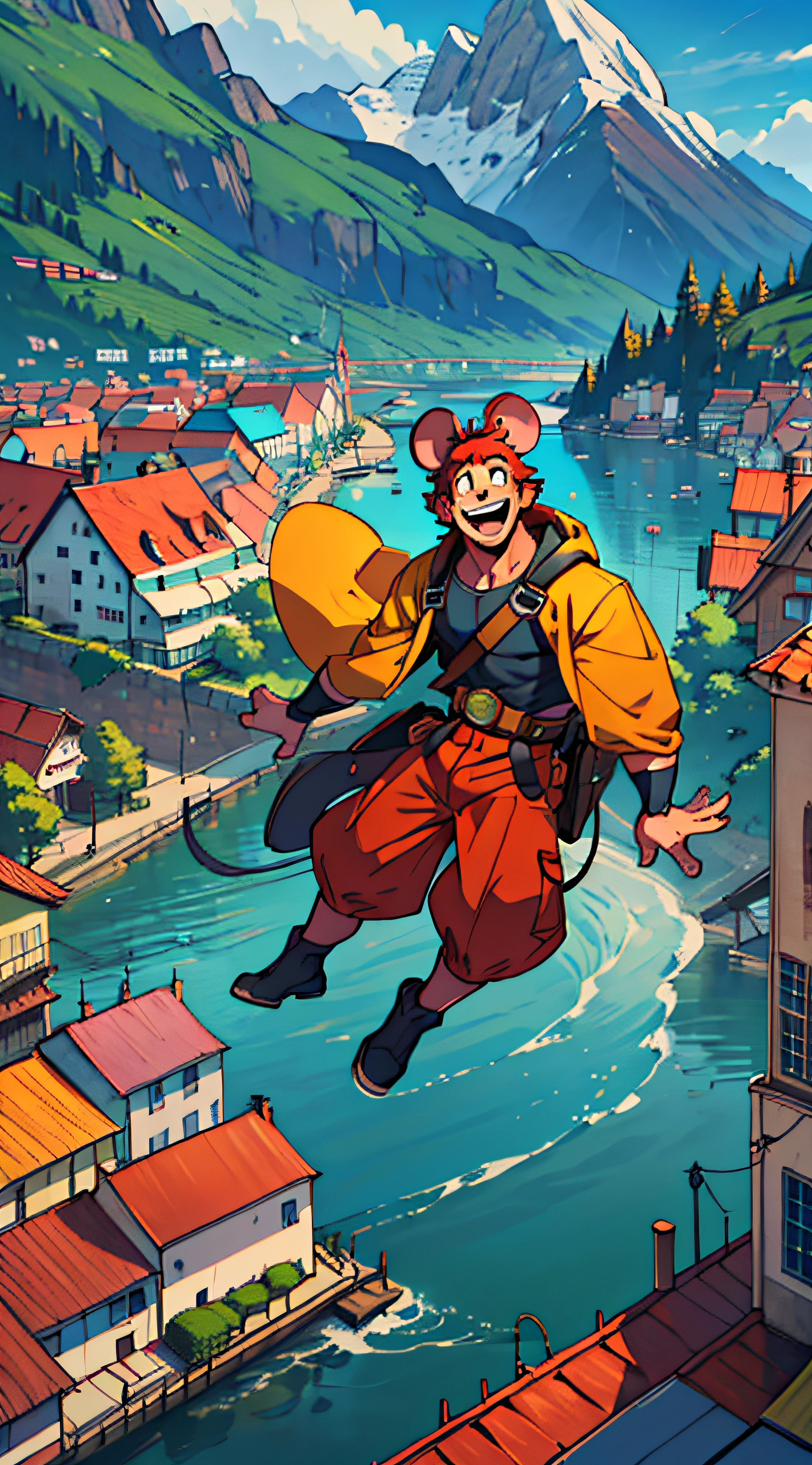 Super hero Mouse Named Chuckle makeing people laugh in a town, Humans, smiling, playing, mountains, city, buildings, childrens,