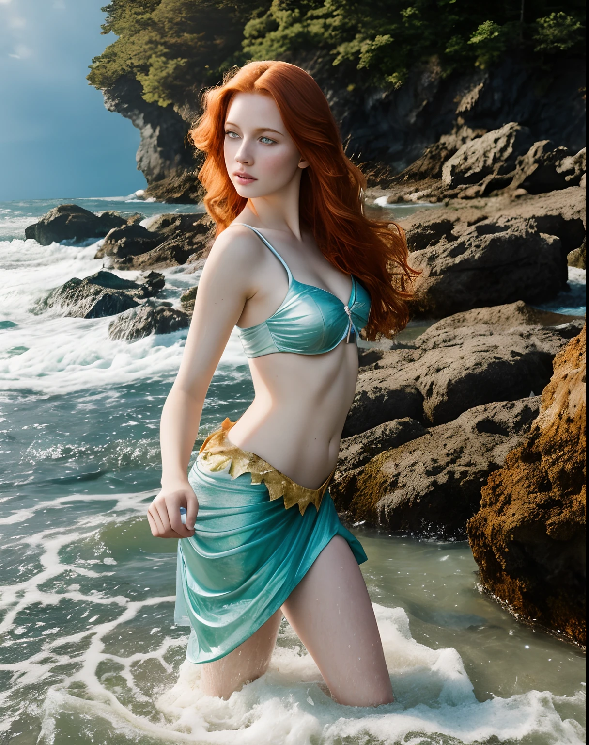 1girl in, age19, Solo, Aesthetic artwork, irish redhead, wavy ginger hair, shoulder length ginger hair, hair over one eye, gray eyes, light grey eyes, some small freckles, pale skin, A-cup, small breasts, runners body, detailed skin texture, waist deep in ocean, standing in water, (extremely detailed 8k wallpaper), soft lighting, high quality, film grain, Fujifilm XT3 sharp focus, f 5.6, 50mm, High Detail, Sharp focus, (outdoor light), princess Ariel, clamshell top, Little mermaid, mermaid costume, Ariel costume, crazy details, complex details, hyper detailed