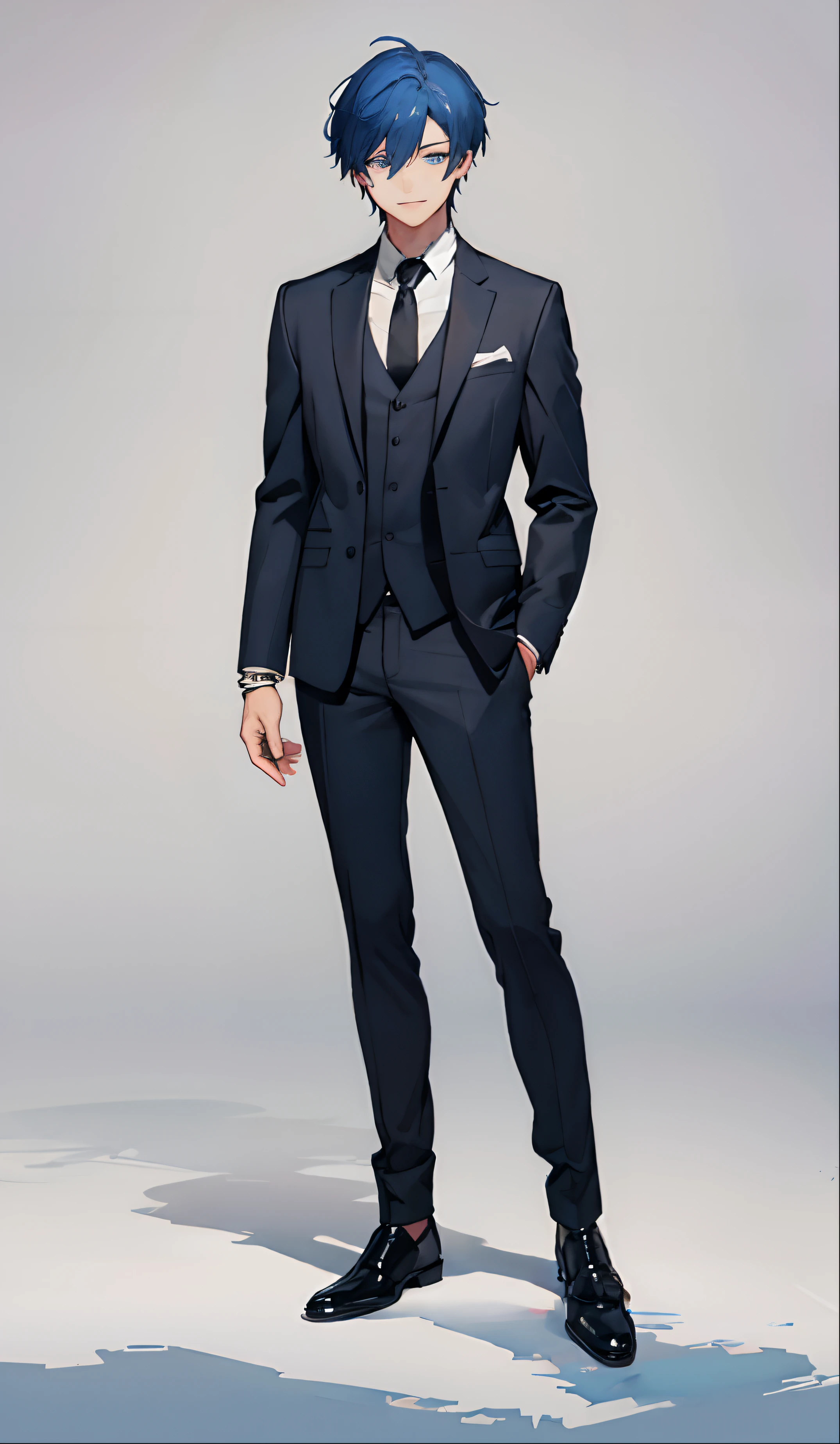 masterpiece,best quality, ultra-detailed illustration,(full body:1.9),standing,long shot,Standing Picture,
BREAK, 

BREAK,
 1 man,20years old,slender face,sapphire blue eyes, slanted eyes,sexy,cool Faith,middle hair ,detailed sapphire blue Mullet hair,Pale Lipstick,
BREAK, 
luxury black suit,dark blue dress shirt,black shoes,
BREAK,
evils smile,
BREAK,

dark,Japanese cool boy anime style,Copic style touch ,white background,