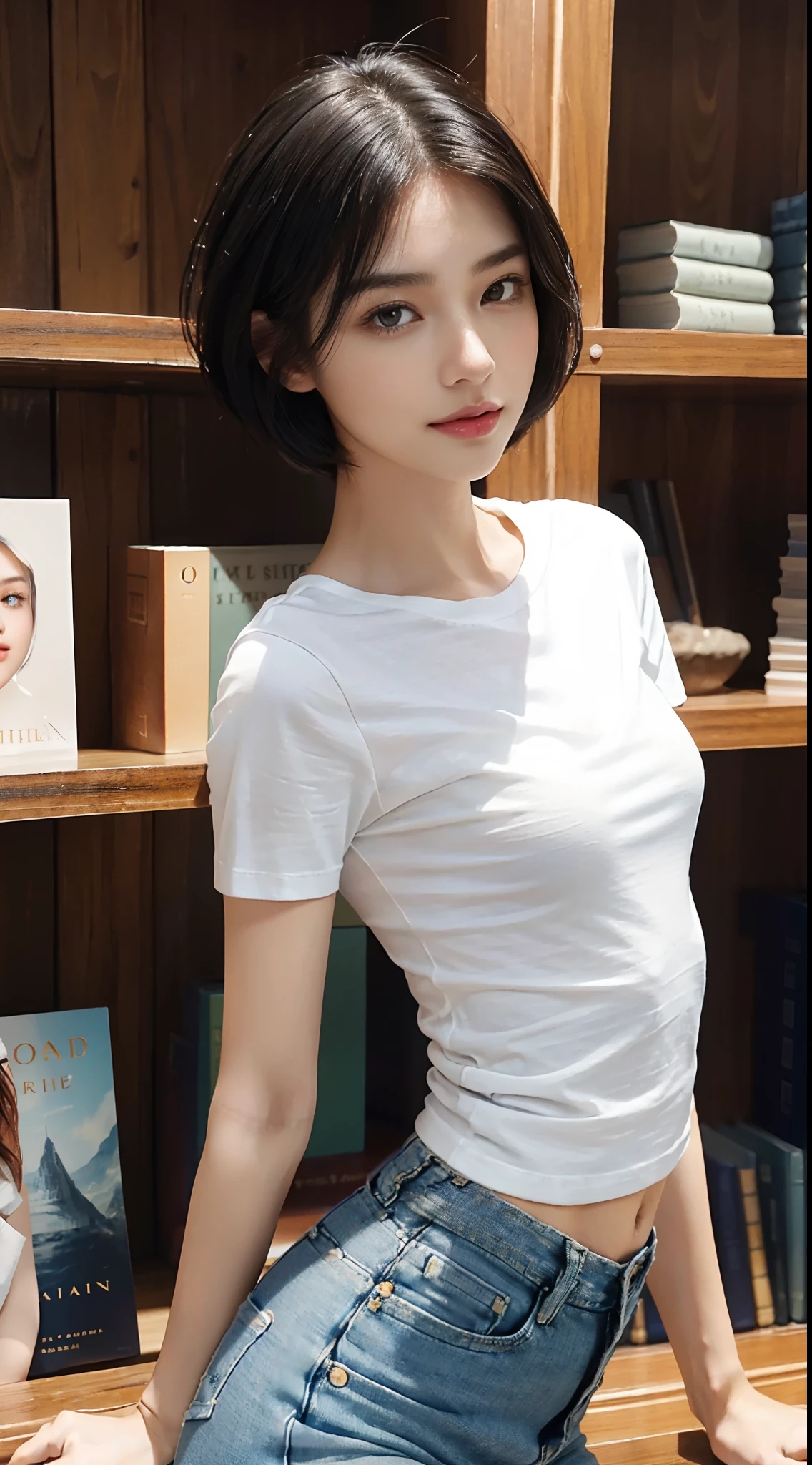 (shoulder length straight short hair: 1.1),(black hair:1.3),(Extremely meticulous CG 8k wallpaper），（Extremely refined and beautiful），（Masterpiece），（best qualtiy：1.0），（Ultra High Resolution：1.0），beautiful light up，Perfect lightning，realistic shaded，[A high resolution],(Smooth and flawless fair skin:1.5),Extremely exquisite facial details,(perfect body：1.1），ultra - detailed,(A  beautiful girl:1.5)，small head,(Small breasts:1.1)，Flat chests，slim，thin，Smile，cheerfulness,(white short sleeved T-shirt:1.5),(denim pants:1.4),Slender legs,standing,(in books shop:1.5), bright  lights,(beside bookshelf:1.3),Portrait photo,close shot,cowboy shot,upper body,from front