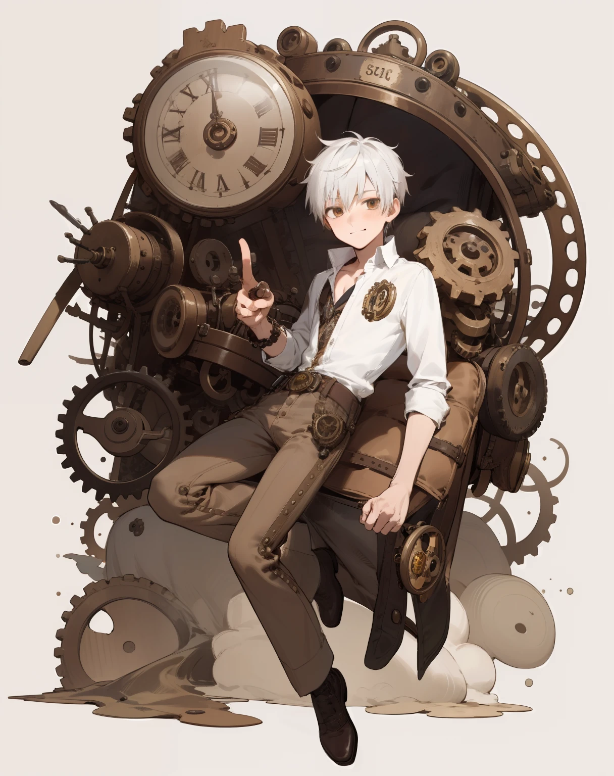 1BOY, cute young man, finely detailed, (best quality), (intricate details), cool style, loli, steampunk style, clockwork style, multicolored, ((messy white button up shirt)), ((brown steampunk men pants)), ((messy white hair)), best quality, ((round eyes)), sly face, smirk, boyish charm, pinup, perfect face, simple background, smooth lighting, simple background portrait, full body