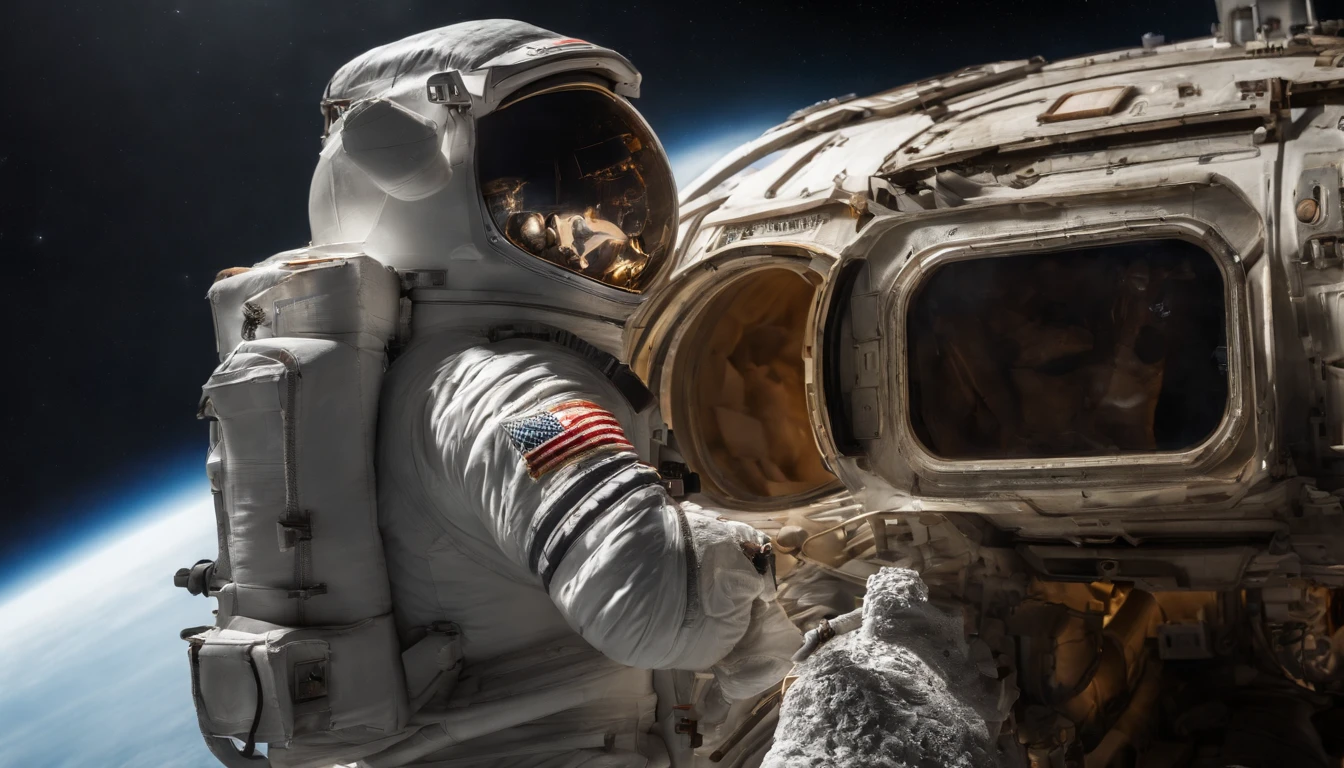 An astronauts back infront of a colossal ship in space, background, cinematic, realism, crystal clear, micro-details, photorealism, photorealistic