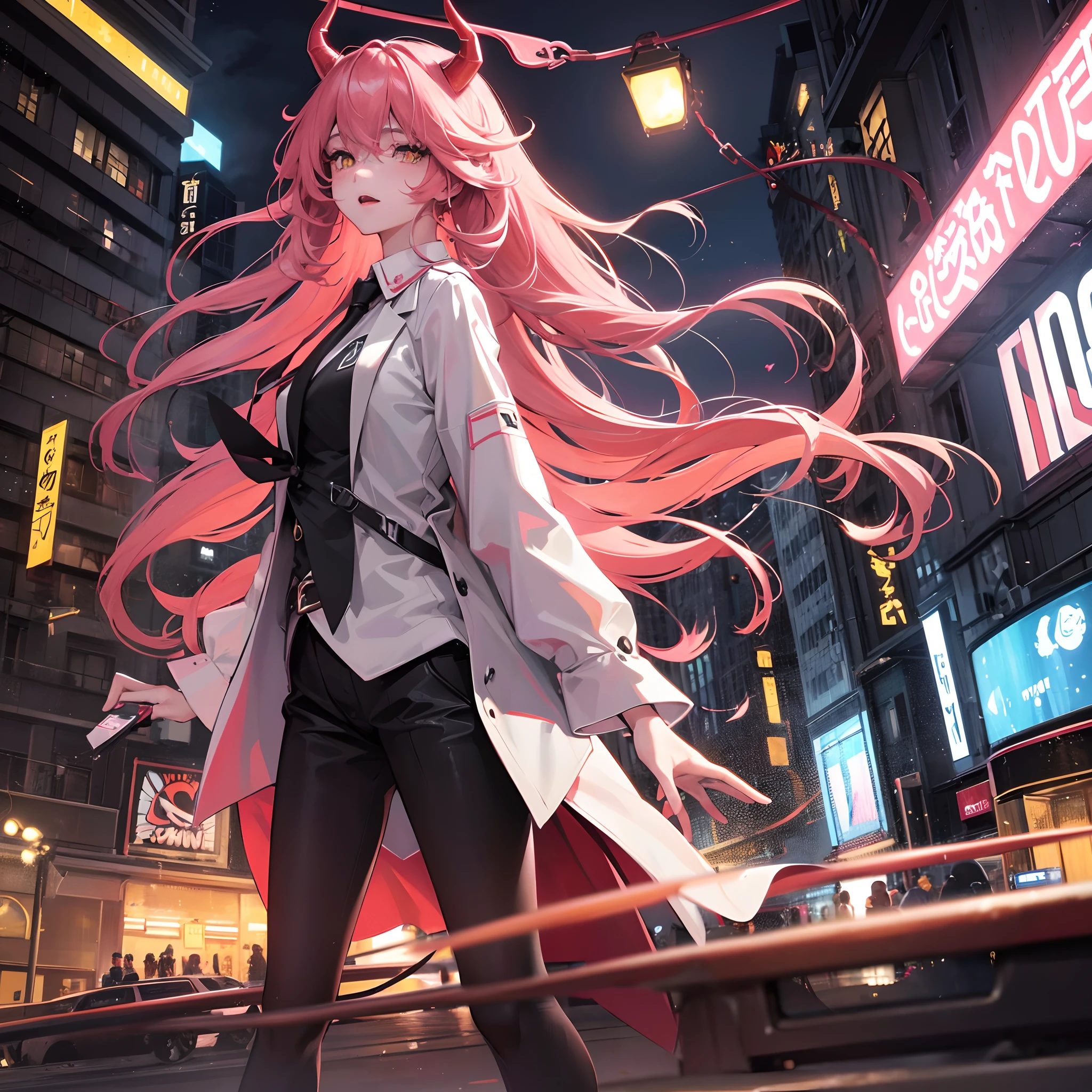 1girl in, Long pink hair, red horns, White collared shirt, black necktie, lightsmile, Yellow eyes, Horny_power,, Buildings,Shops,town streets, dark sky, Scenery,neon signs,nightcity, Japanese lyrics,, , absurderes, Detailed eyes, Extremely detailed, Volumetric lighting, Realistic, Realistic lighting, 8K, Cinematic lighting, depth of fields, Perfect, ultra-detailliert, Photorealistic, A hyper-realistic, Realistic light, Hard lighting, Intricate details, stop motion, tonemapping, Sharp Focus, Hyper Detailed,