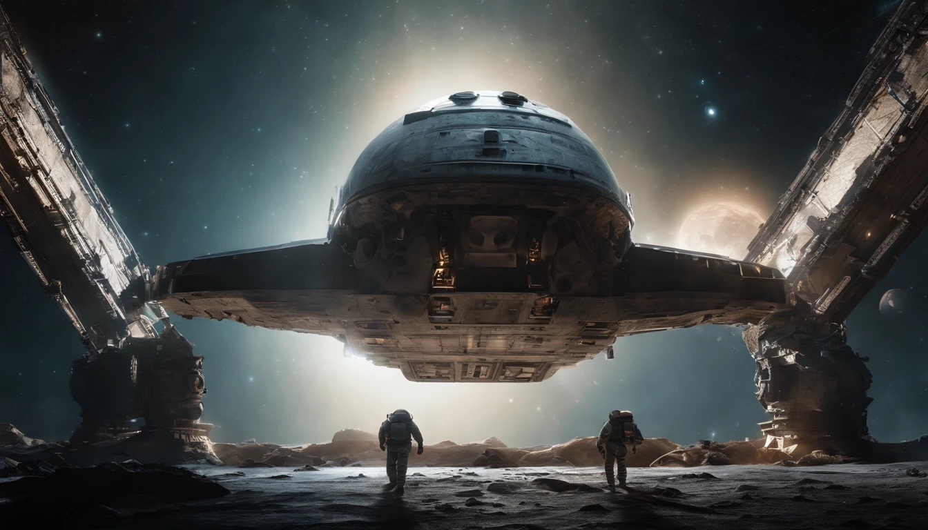 An astronauts back infront of a colossal ship in space, computer background, cinematic, realism, crystal clear, micro-details, photorealism, photorealistic