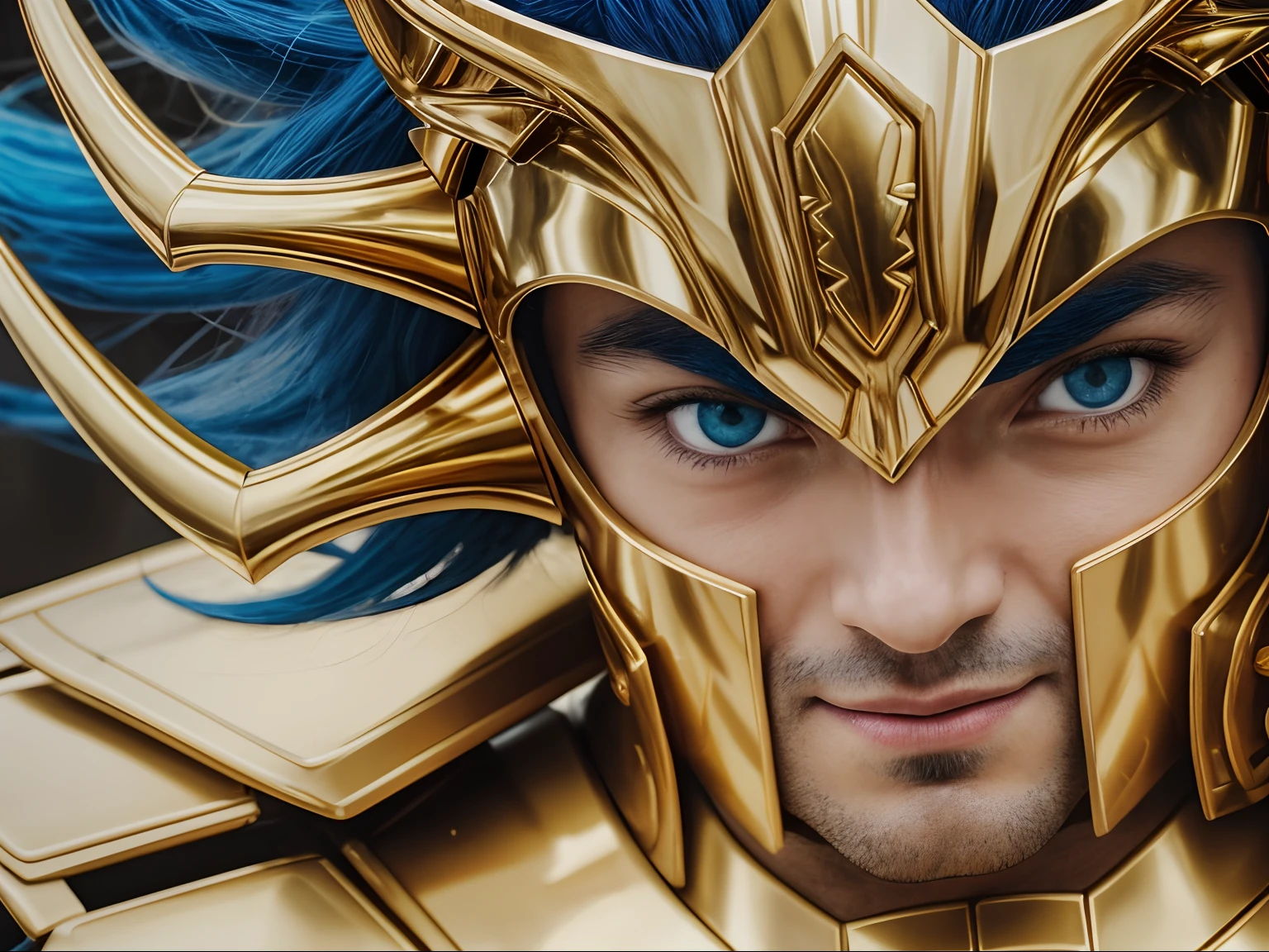 Cinematic stunningly detailed and ultra-realistic Cancer Mask of Death of Saint Seiya. Close up. 1italian man.He is waring pretty realistic golden armor. Bright golden armor. The helm has golden crab appendages. Octane is the perfect tool to capture the softest details of this 16k photography masterpiece. He an Italian man about 40 years old. Big nose. Detailed face. (Pretty big blue eyes).((Evil looking)). ((Cruel smile)). ((Shaved)). ((madness)). He has shot messy blue hair. He is staring his enemy.