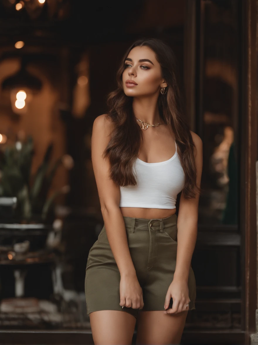 Arafed woman in white T-shirt and necklace, sexy girl with brown eyes, portrait sophie mudd, brown hair and large eyes, selfie of a young woman, bedroom eyes, violet myers, no makeup, natural makeup, looking straight at camera, face with artgram, fine makeup, Stunning full-length shot, Piercing green eyes, beautiful angle, attractive pose, Sweet girl, sexy pose, full length image, full - body, shooting full body, Brunette goddess, high detail, Satisfied posture, leather pants, standing, outside, restaurant