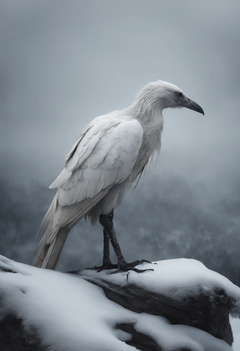 eerie white tall bird looking human full body shot on snowy white mountain