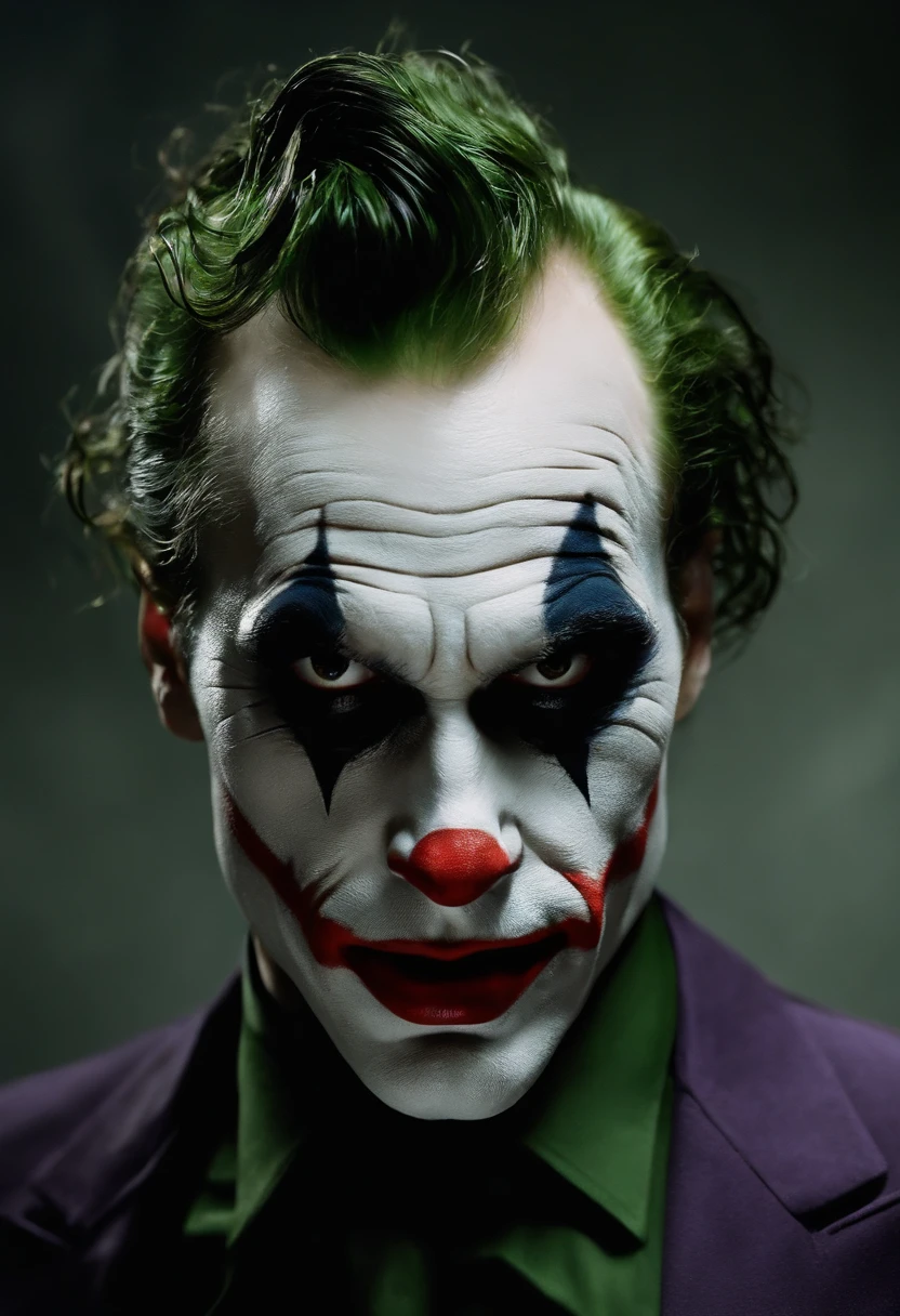The Joker (best quality,fotorrealista),(Escuro,pressentimento) Man,olhos negros detalhados,longos cabelos pretos que lembram a noite,pale skin,Visible dark circles,corpo atletico, mas coberto de cicatrizes,atmosfera sinistra,gothic aesthetic,nightmare appearance,olhar intenso,Aura misteriosa, postura sinuosa e tensa,dramatic shadows and lighting,vivid contrast between light and dark,hint of danger,atmosfera encantada