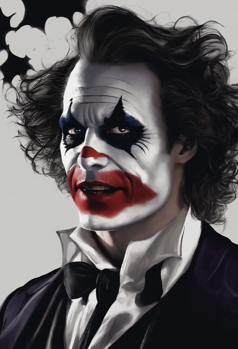 The Joker (best quality,fotorrealista),(Escuro,pressentimento) Man,olhos negros detalhados,longos cabelos pretos que lembram a noite,pale skin,Visible dark circles,corpo atletico, mas coberto de cicatrizes,atmosfera sinistra,gothic aesthetic,nightmare appearance,olhar intenso,Aura misteriosa, postura sinuosa e tensa,dramatic shadows and lighting,vivid contrast between light and dark,hint of danger,atmosfera encantada